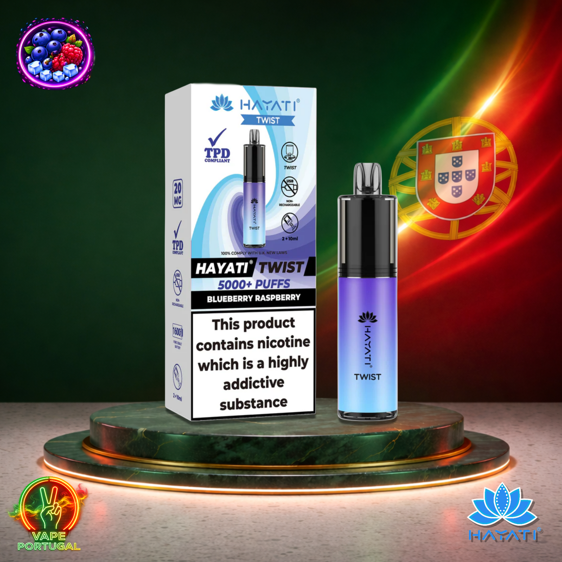 Vape descartável Hayati Twist 5K sabor Blueberry Raspberry 5000 puffs 5K tragadas oficial Portugal mais barato