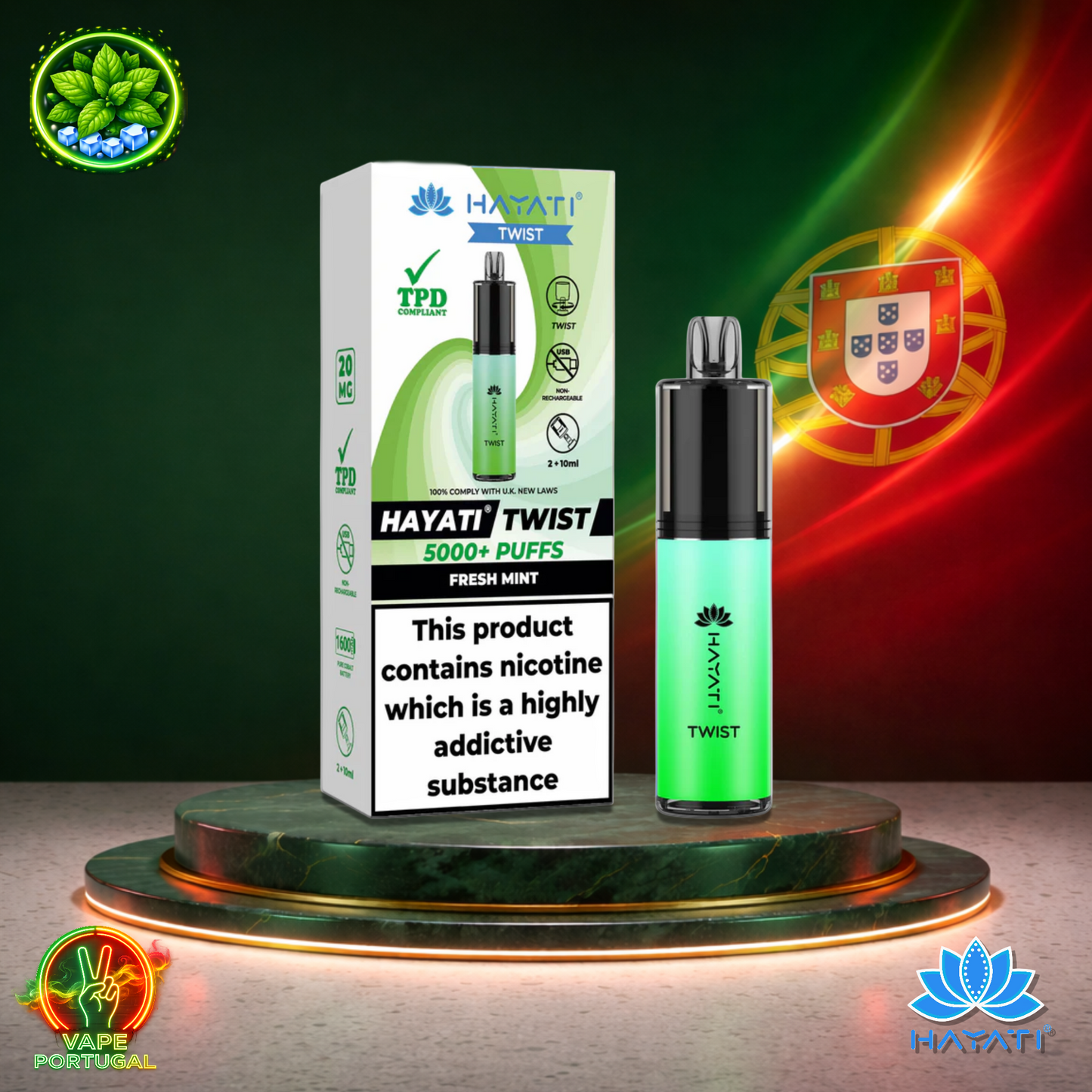 Vape descartável Hayati Twist 5K sabor Fresh Mint 5000 puffs 5K tragadas oficial Portugal mais barato