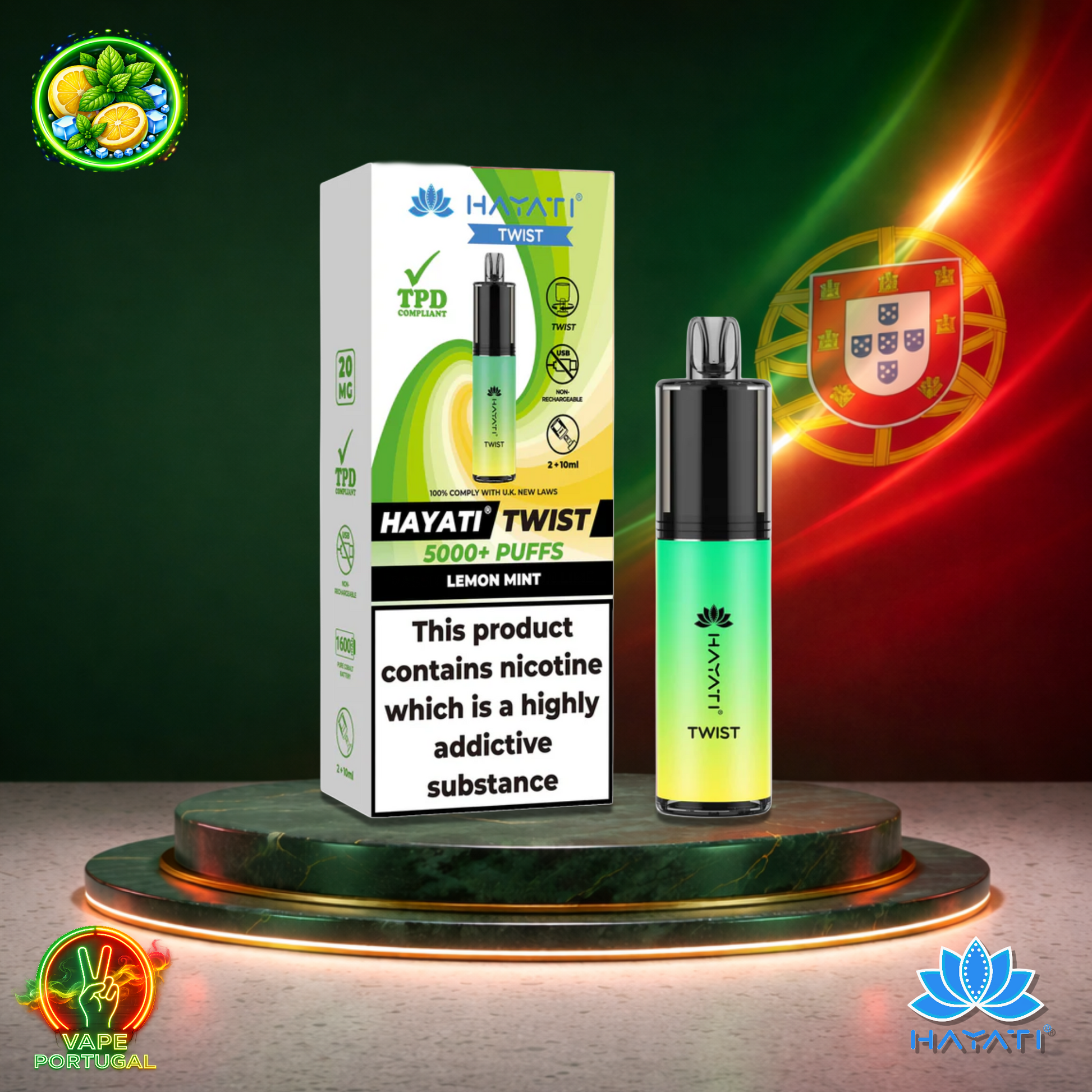 Vape descartável Hayati Twist 5K sabor Lemon Mint 5000 puffs 5K tragadas oficial Portugal mais barato