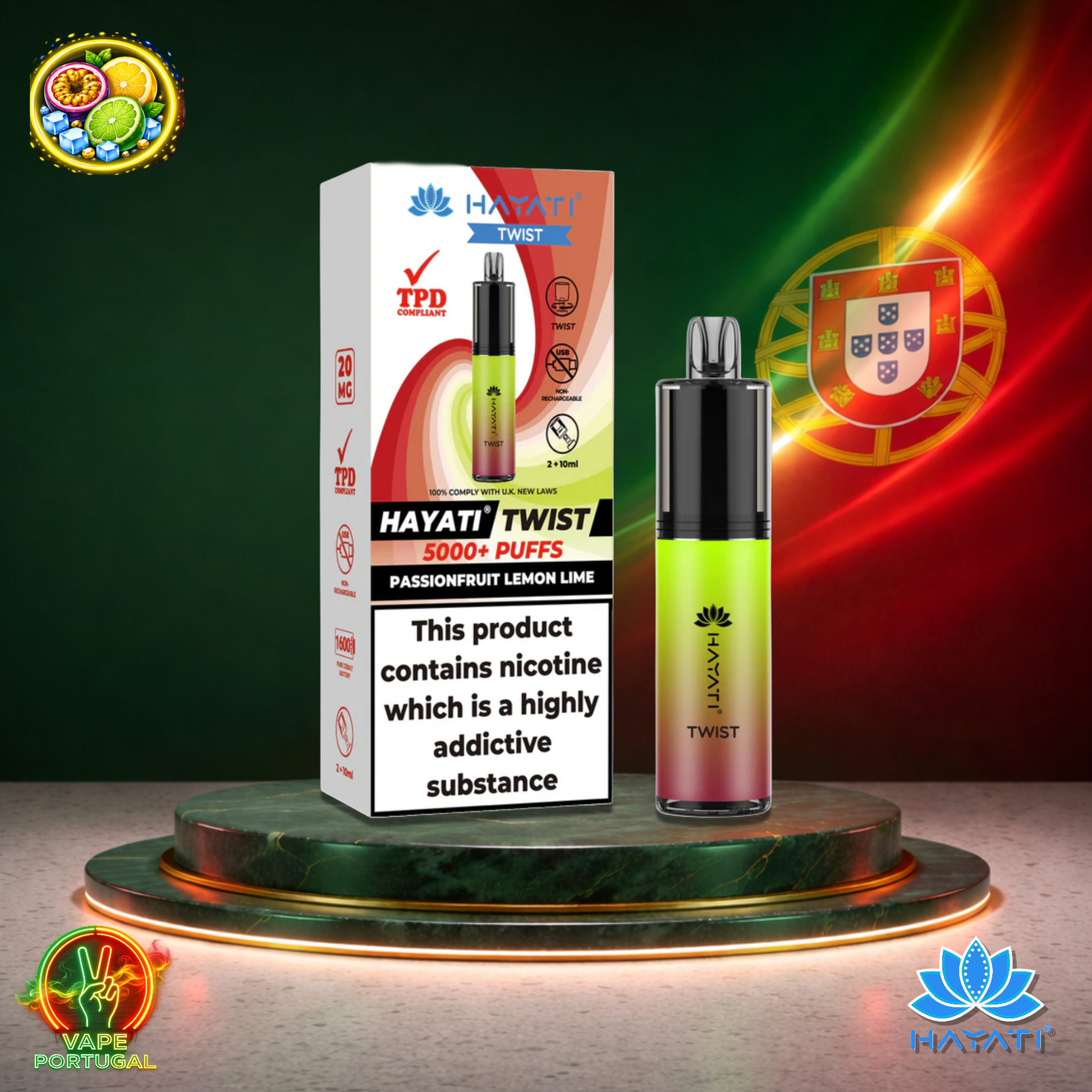 Vape descartável Hayati Twist 5K sabor Passionfruit Lemon Lime 5000 puffs 5K tragadas oficial Portugal mais barato