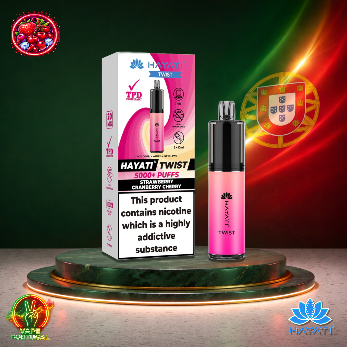 Vape descartável Hayati Twist 5K sabor Strawberry Cranberry Cherry 5000 puffs 5K tragadas oficial Portugal mais barato