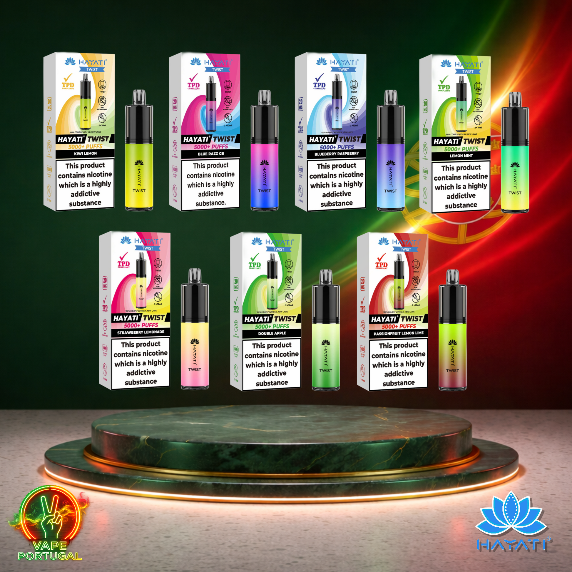 Vape descartável Hayati Twist 5K vários sabores disponíveis 5000 puffs 5K tragadas vista frontal oficial Portugal mais barato