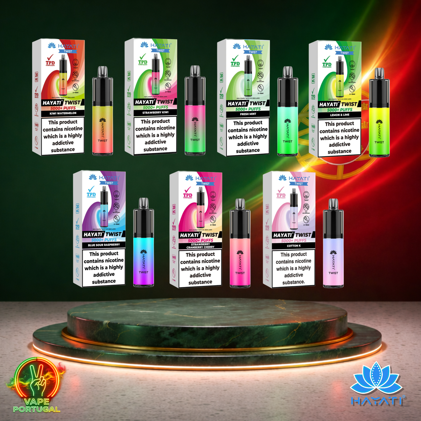 Vape descartável Hayati Twist 5K vários sabores disponíveis 5000 puffs 5K tragadas vista lateral oficial Portugal mais barato