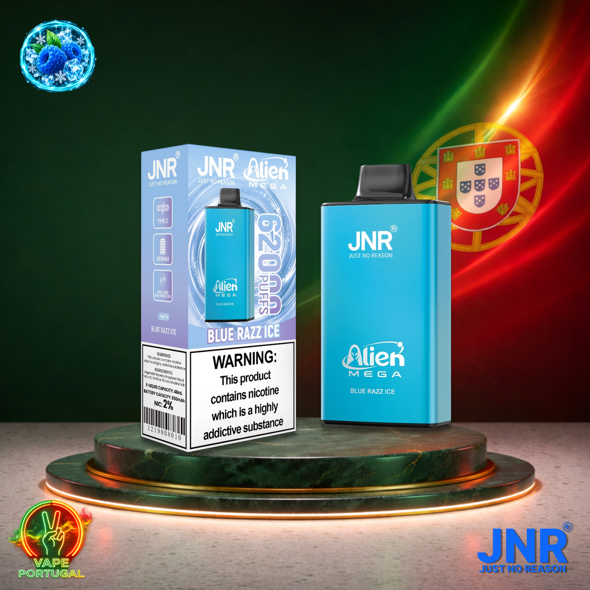 Vape descartável JNR Alien Mega 62K Blue Razz Ice 62000 puffs comprar em Portugal