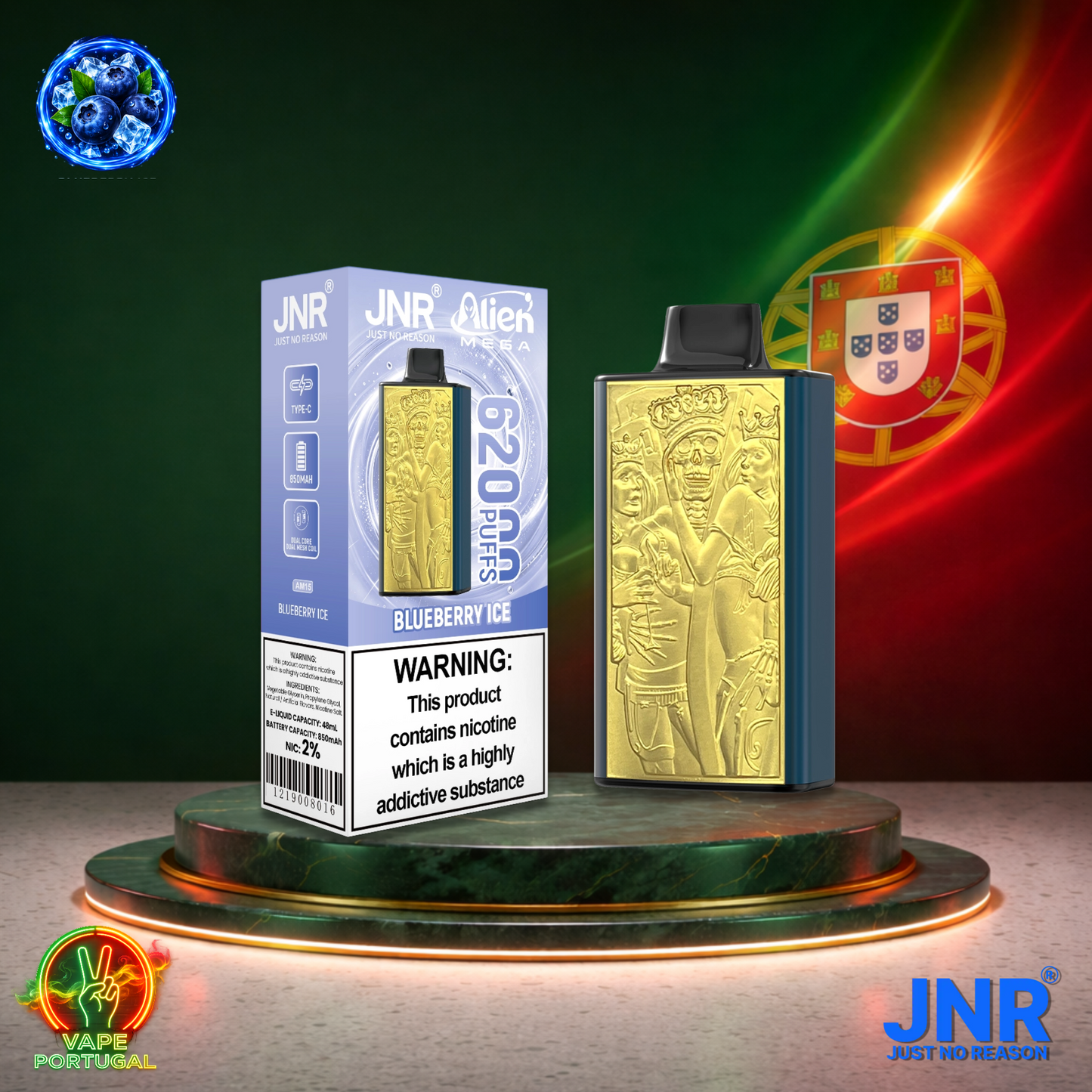 Vape descartável JNR Alien Mega 62K Blueberry Ice 62000 puffs comprar em Portugal