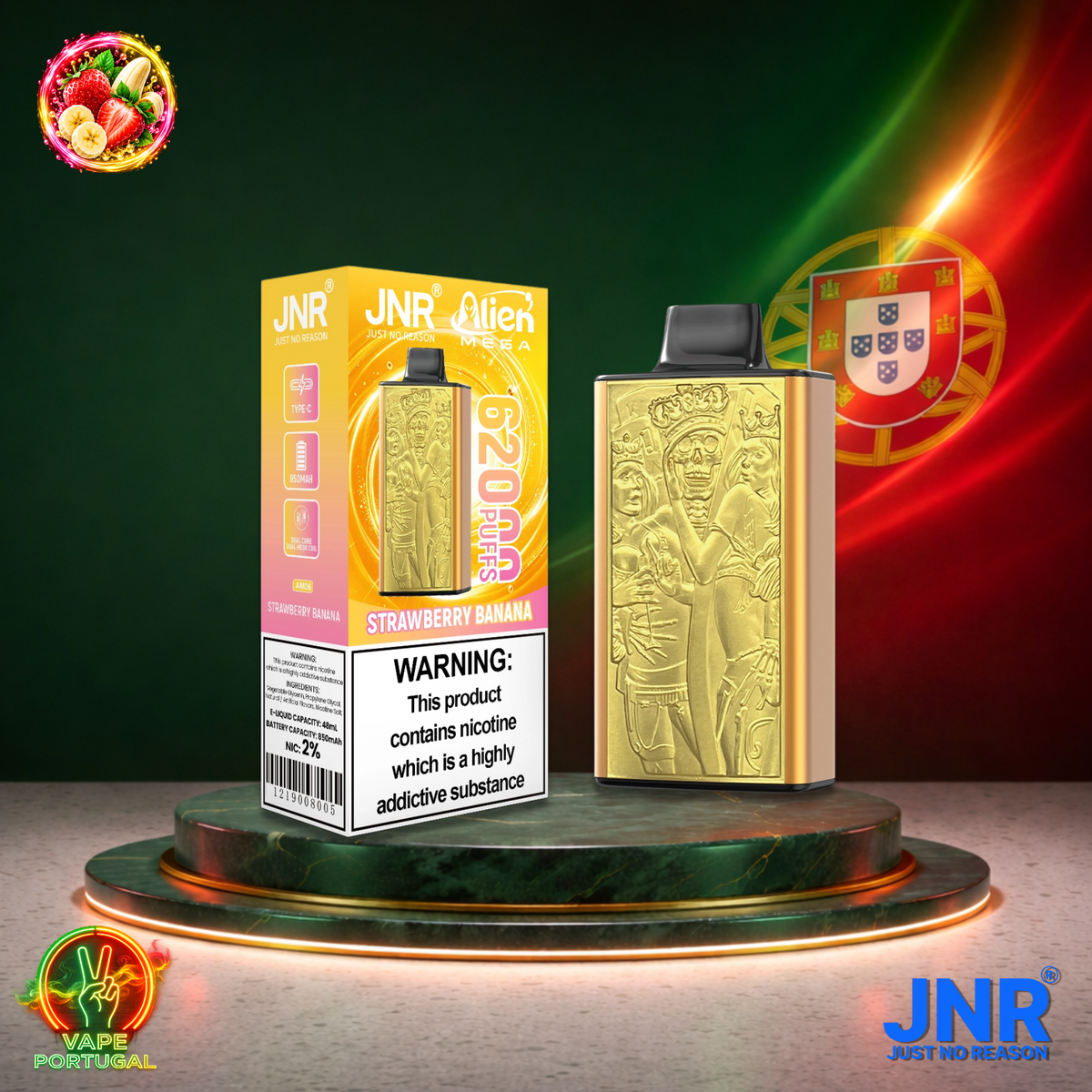 Vape descartável JNR Alien Mega 62K Strawberry Banana 62000 puffs comprar em Portugal