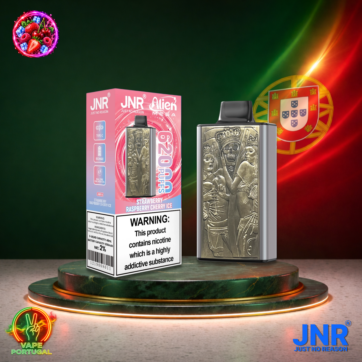 Vape descartável JNR Alien Mega 62K Strawberry Raspberry Cherry Ice 62000 puffs comprar em Portugal