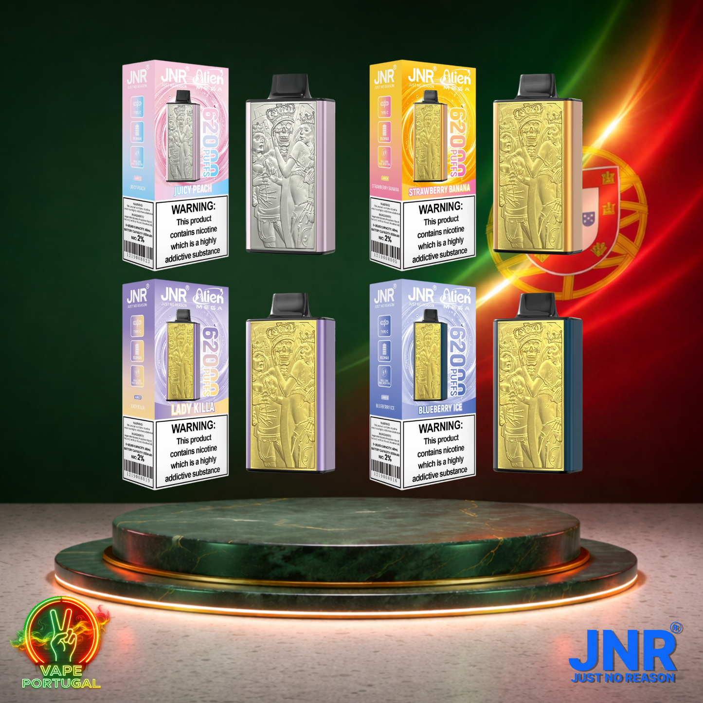 Vape descartável JNR Alien Mega 62K Vários Sabores Lateral 62000 puffs comprar em Portugal