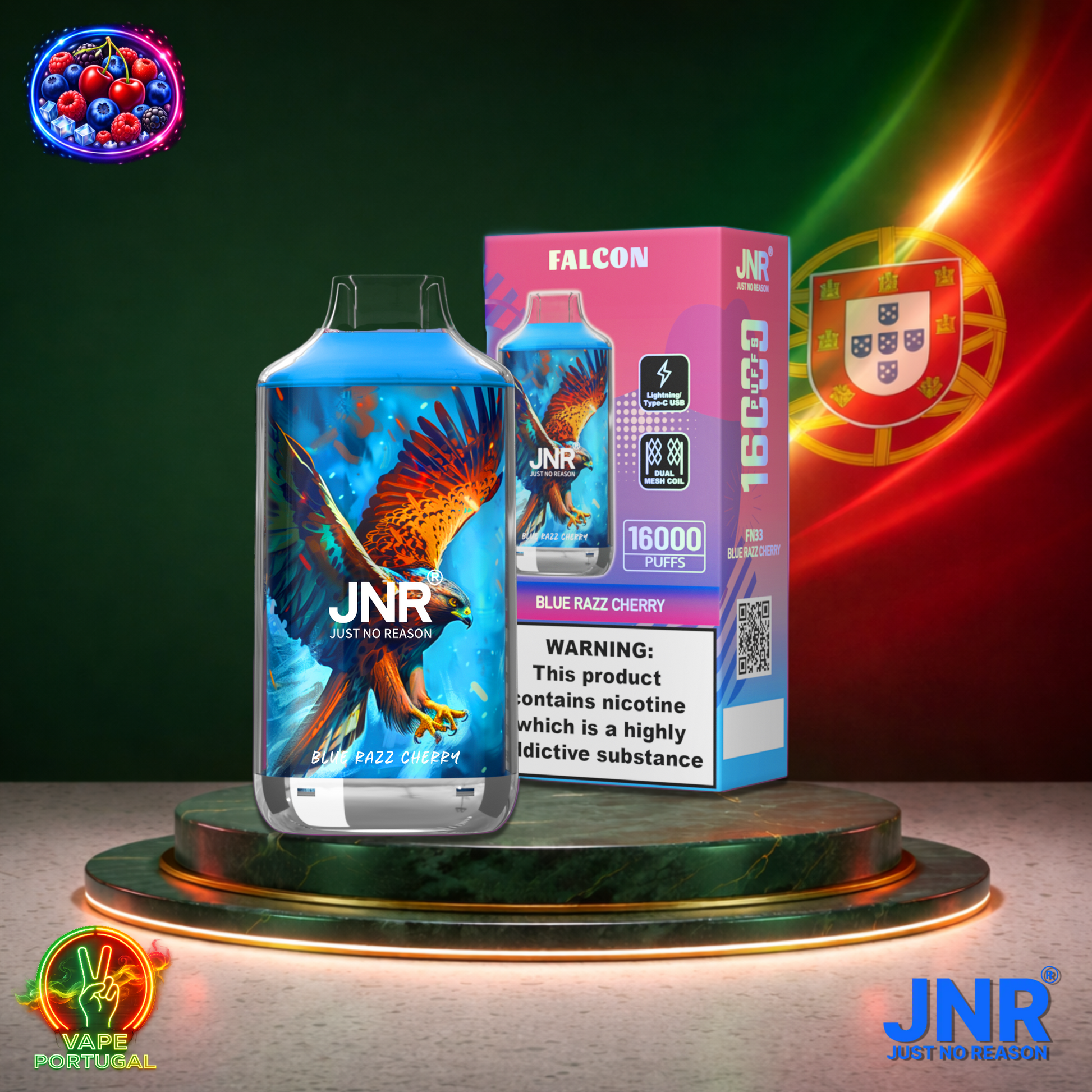 Vape descartável JNR Falcon 16K sabor Blue Razz Cherry 16000 puffs 16K tragadas mais barato