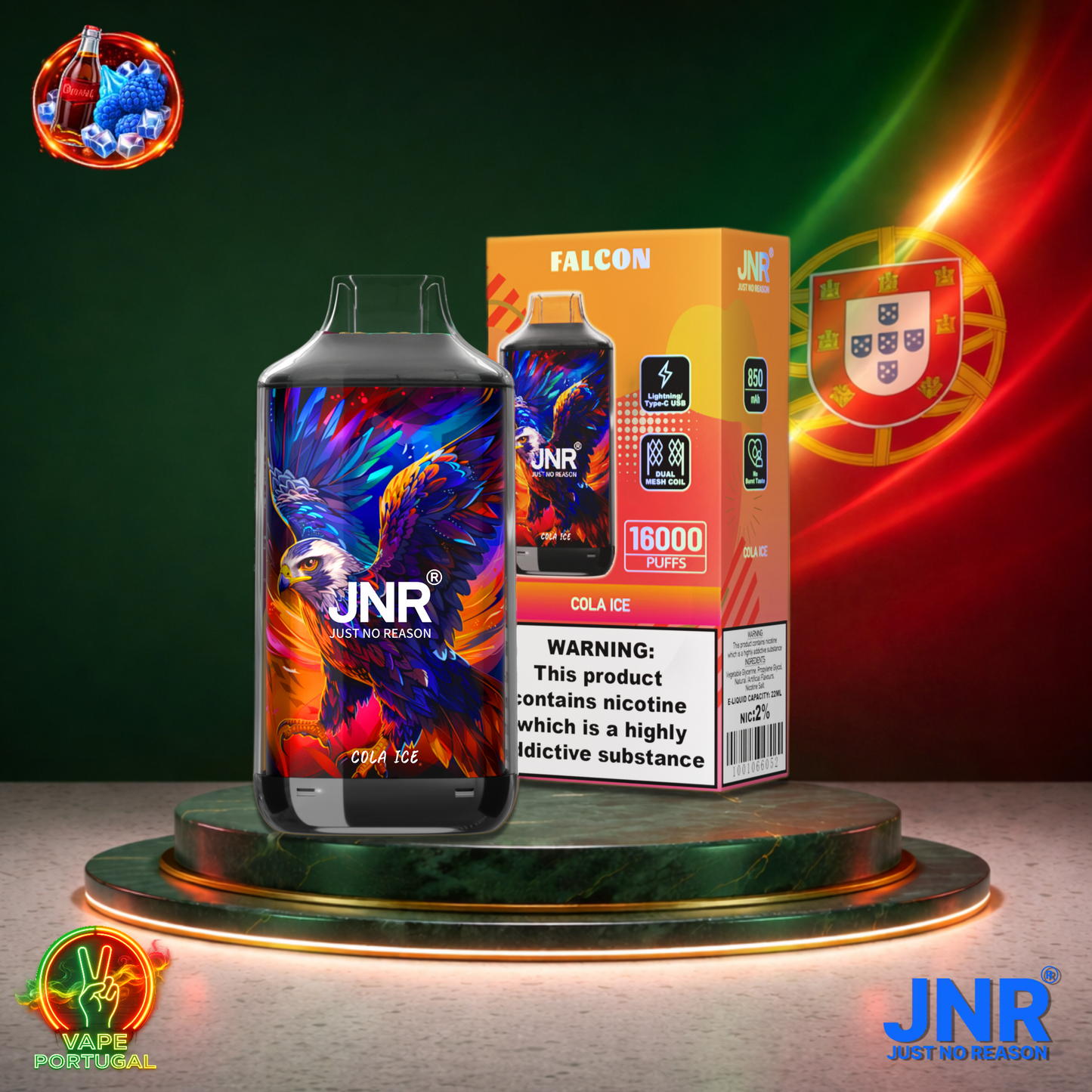 Vape descartável JNR Falcon 16K sabor Cola Ice 16000 puffs 16K tragadas mais barato