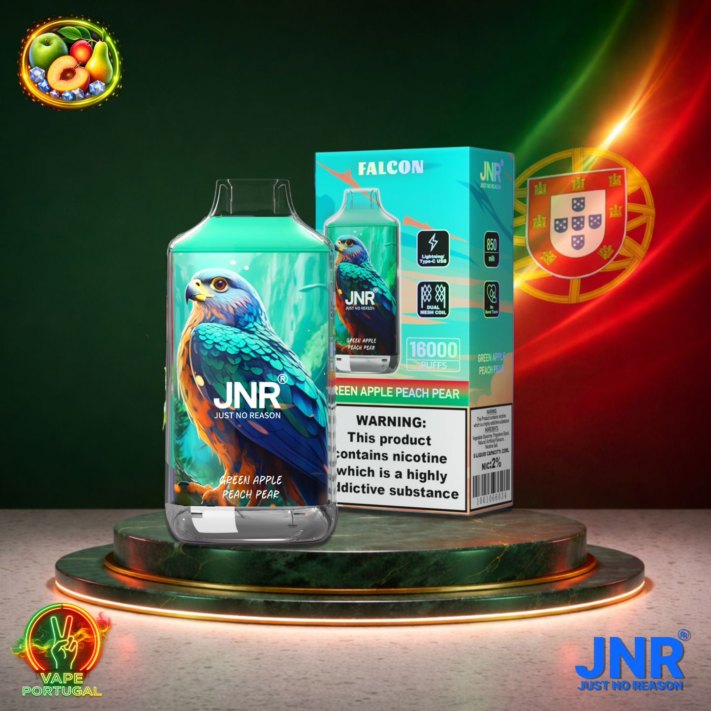 Vape descartável JNR Falcon 16K sabor Green Apple Peach Pear 16000 puffs 16K tragadas mais barato