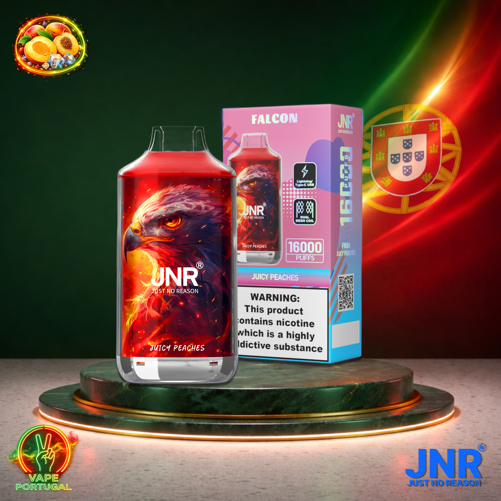 Vape descartável JNR Falcon 16K sabor Juicy Peaches 16000 puffs 16K tragadas mais barato