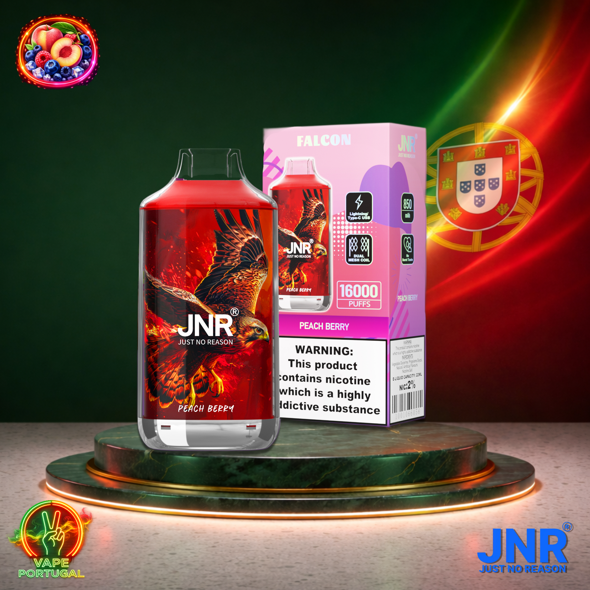 Vape descartável JNR Falcon 16K sabor Peach Berry 16000 puffs 16K tragadas mais barato