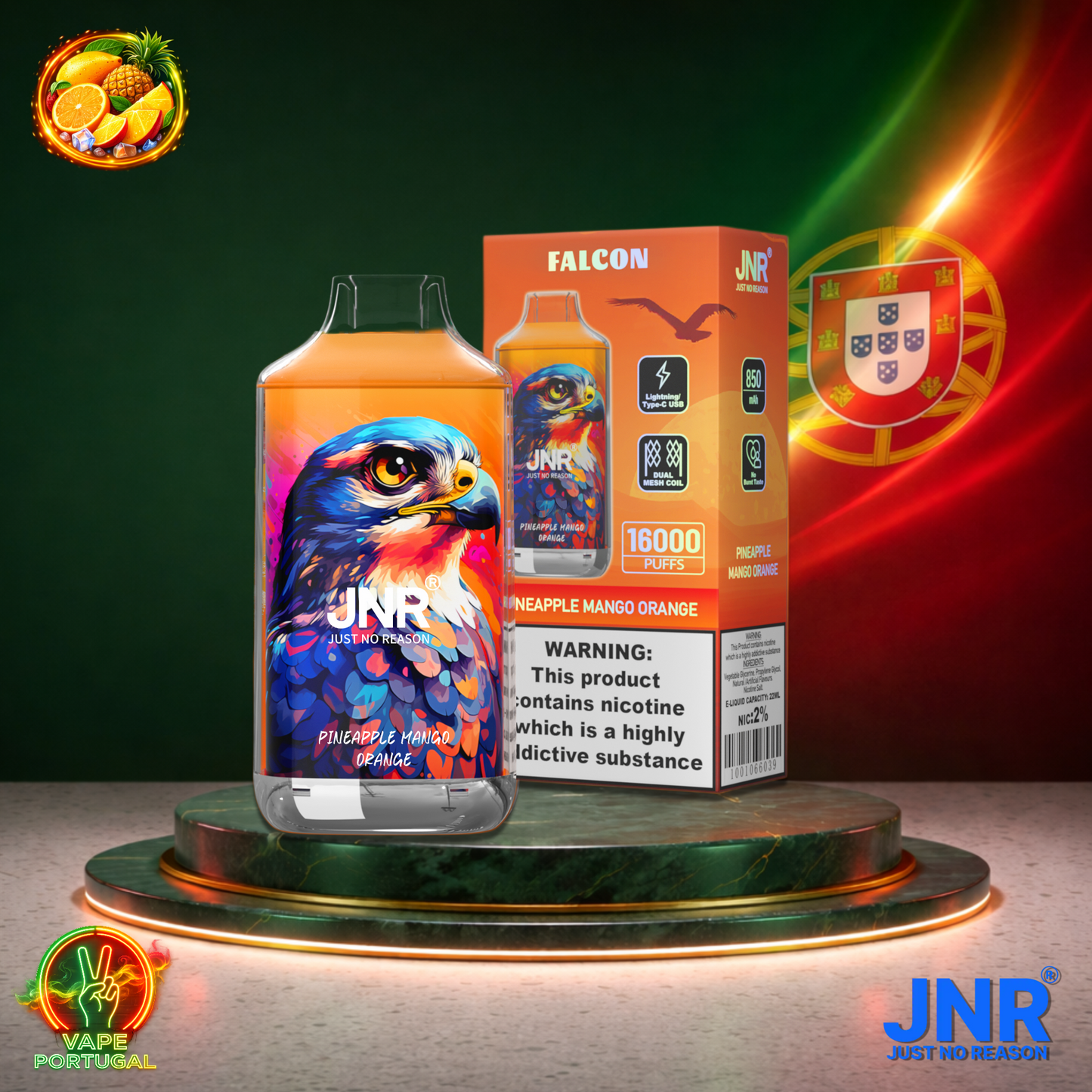 Vape descartável JNR Falcon 16K sabor Pineapple Mango Orange 16000 puffs 16K tragadas mais barato