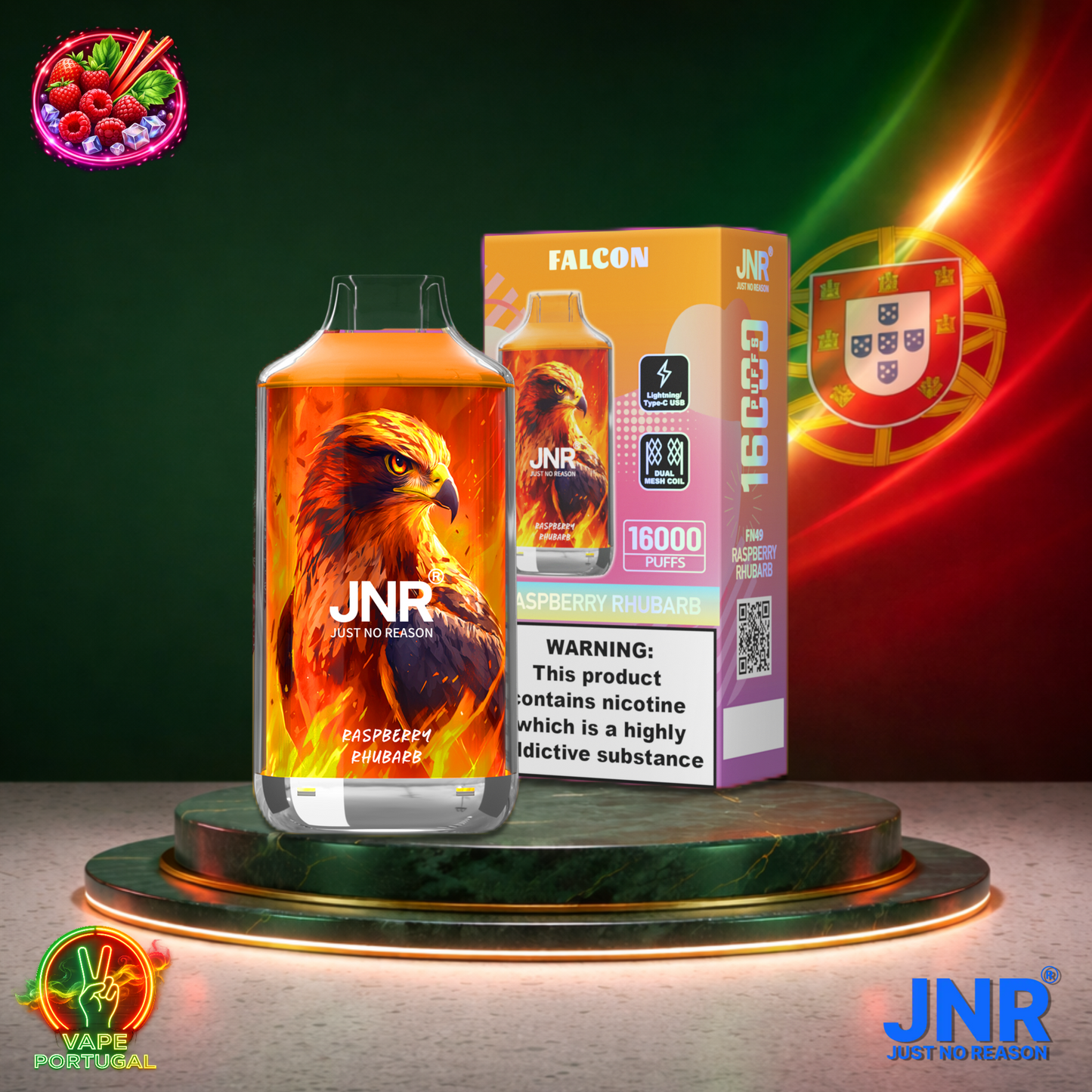 Vape descartável JNR Falcon 16K sabor Raspberry Rhubarb 16000 puffs 16K tragadas mais barato