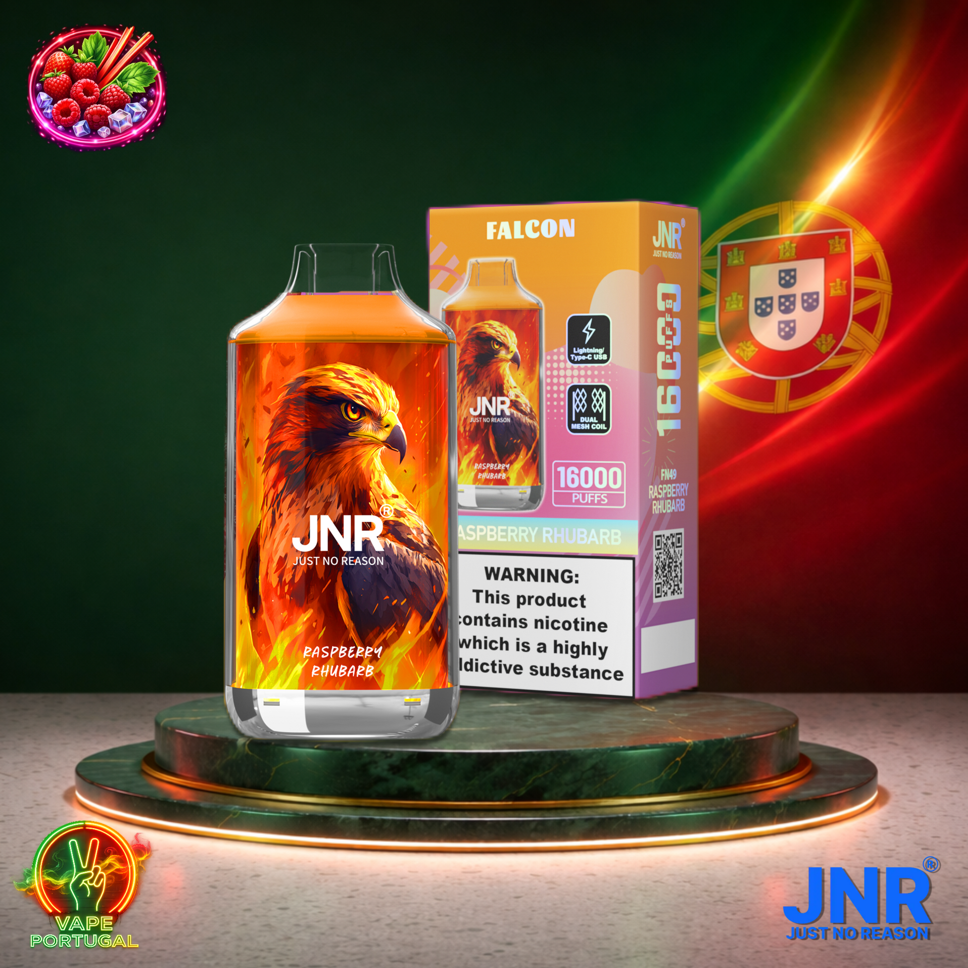Vape descartável JNR Falcon 16K sabor Raspberry Rhubarb 16000 puffs 16K tragadas mais barato