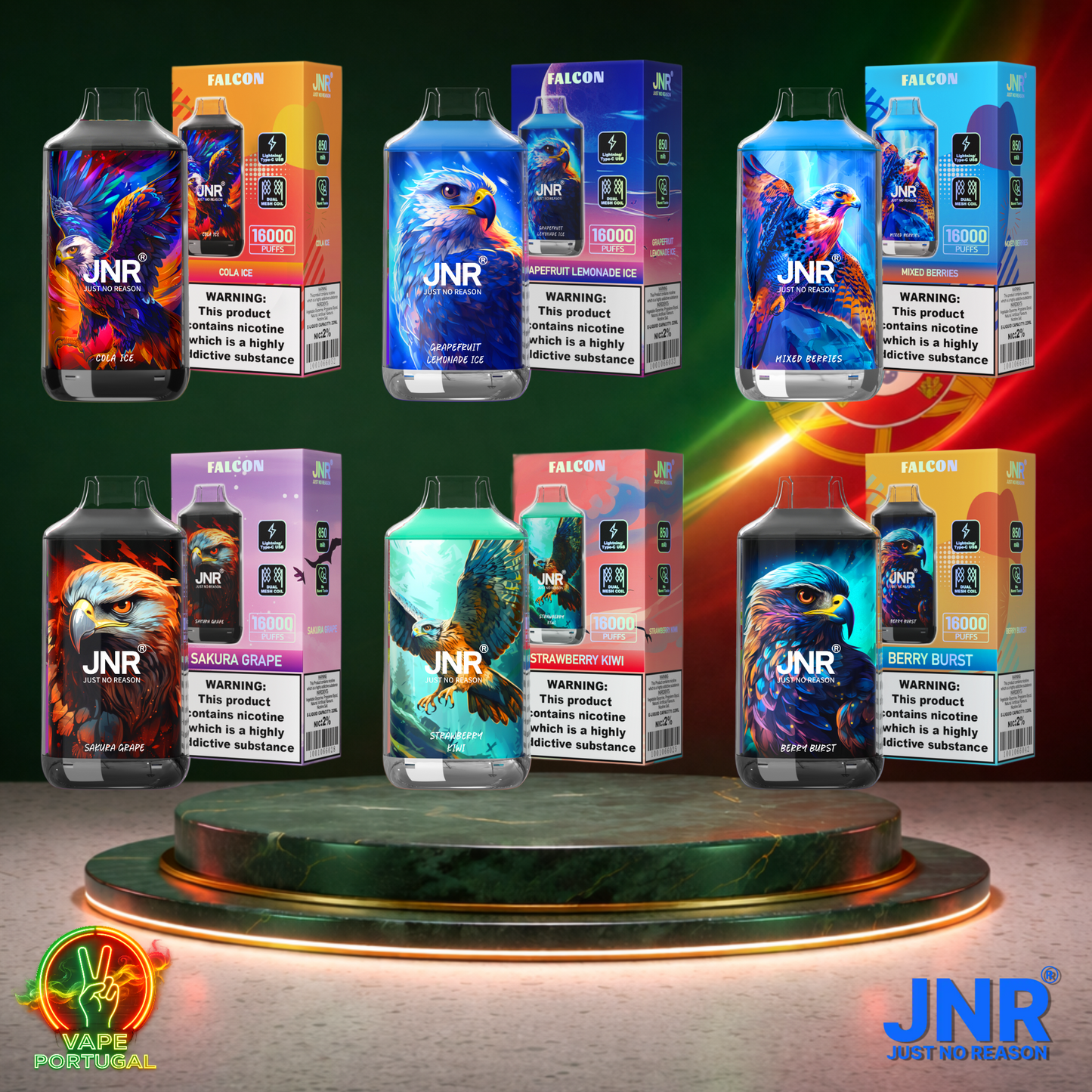 Vape descartável JNR Falcon 16K vários sabores 16000 puffs 16K tragadas mais barato (Vista Lateral)
