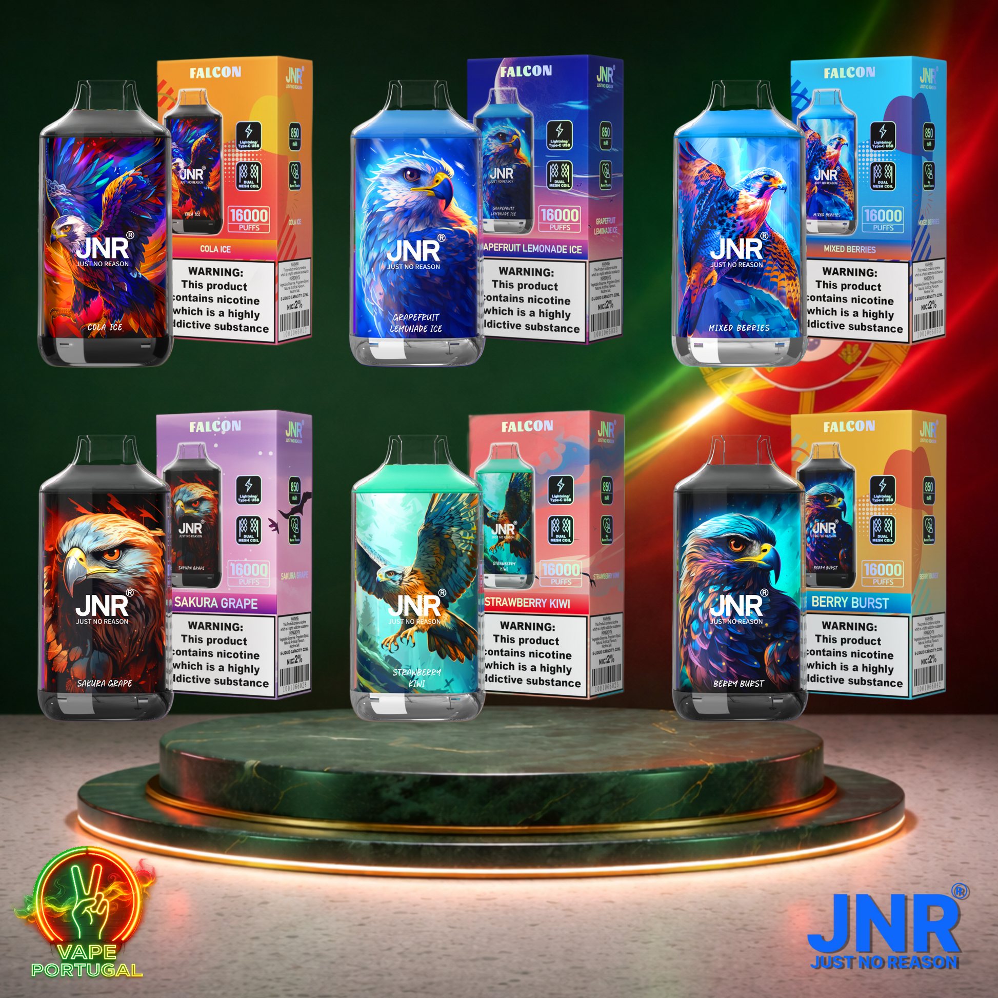 Vape descartável JNR Falcon 16K vários sabores 16000 puffs 16K tragadas mais barato (Vista Lateral)