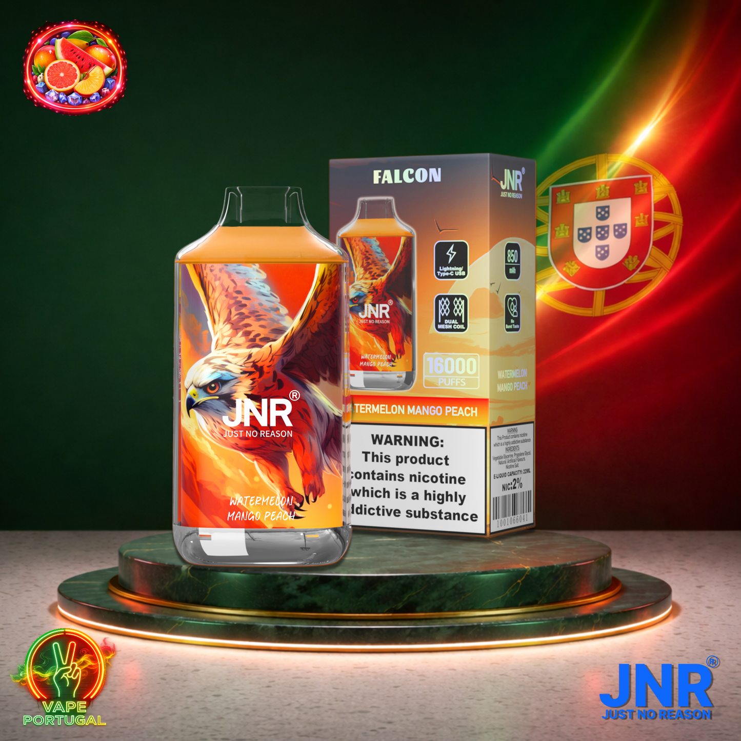 Vape descartável JNR Falcon 16K sabor Watermelon Mango Peach 16000 puffs 16K tragadas mais barato