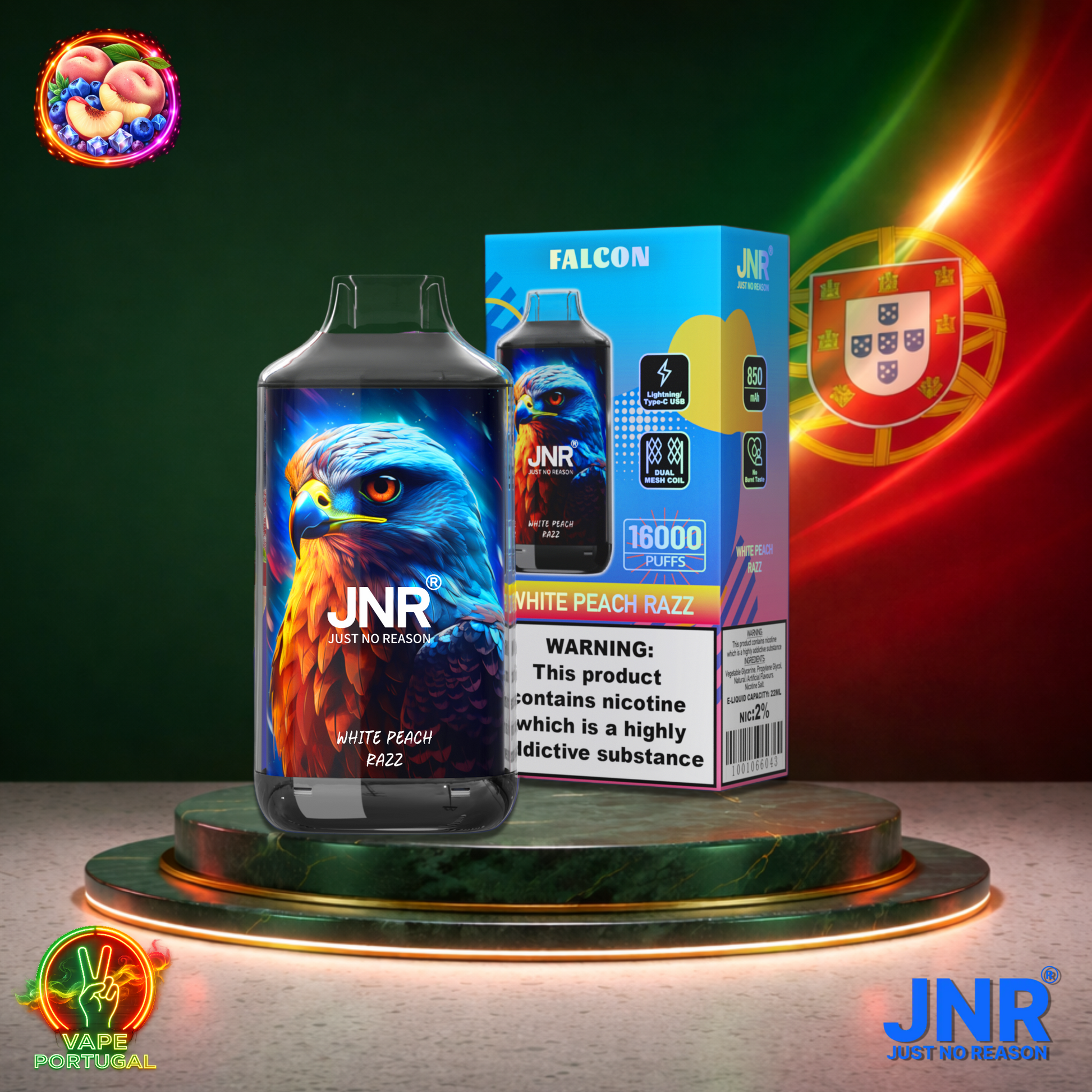 Vape descartável JNR Falcon 16K sabor White Peach Razz 16000 puffs 16K tragadas mais barato