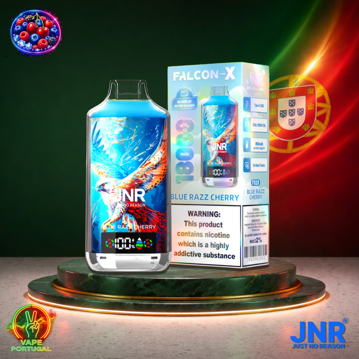 Vape descartável JNR Falcon X 18K sabor Blue Razz Cherry 18000 puffs 18K tragadas mais barato