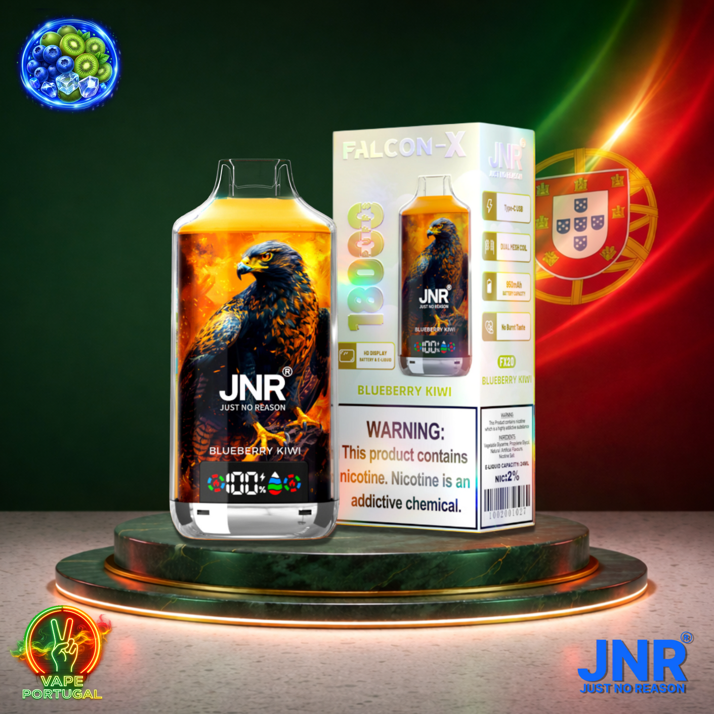 Vape descartável JNR Falcon X 18K sabor Blueberry Kiwi 18000 puffs 18K tragadas mais barato