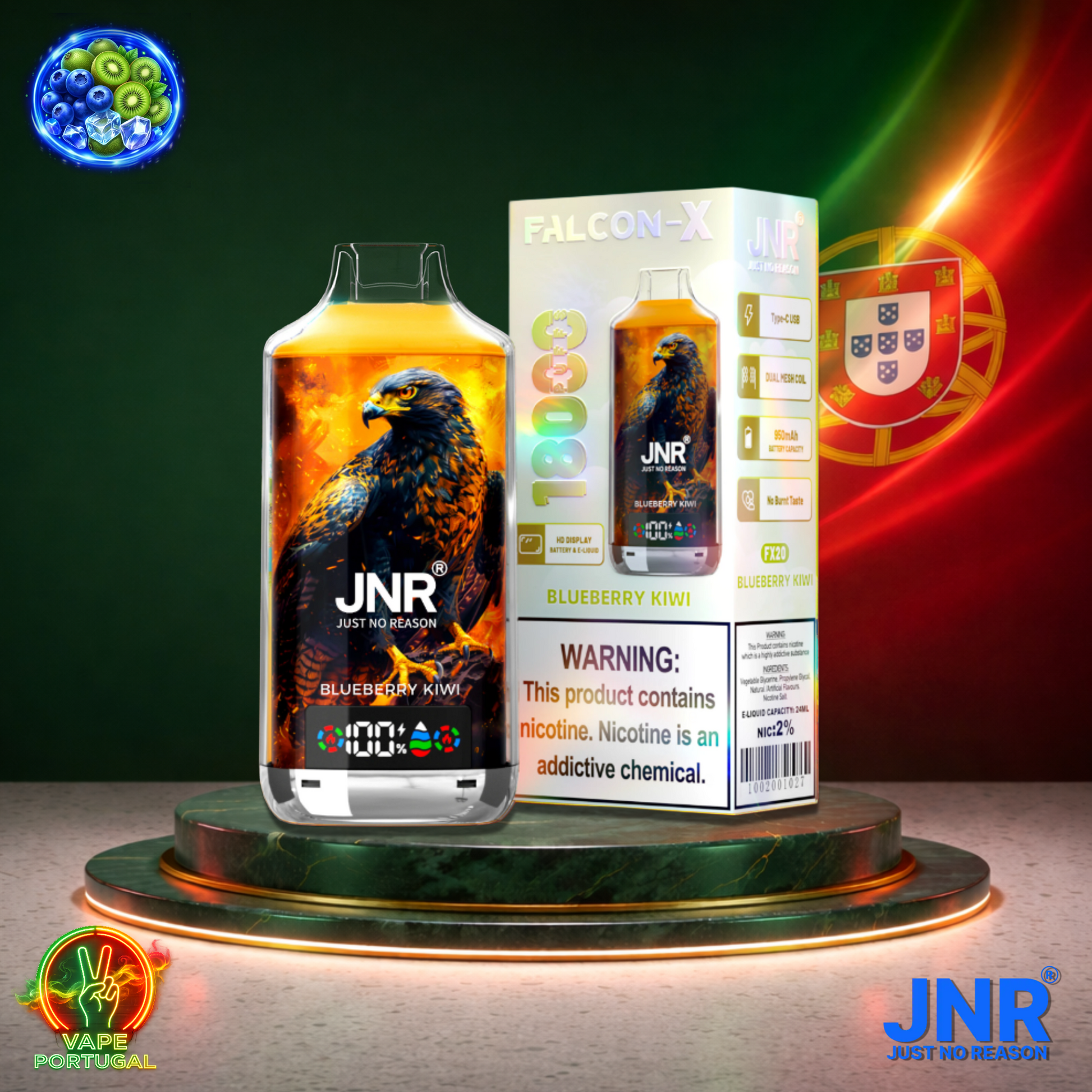 Vape descartável JNR Falcon X 18K sabor Blueberry Kiwi 18000 puffs 18K tragadas mais barato