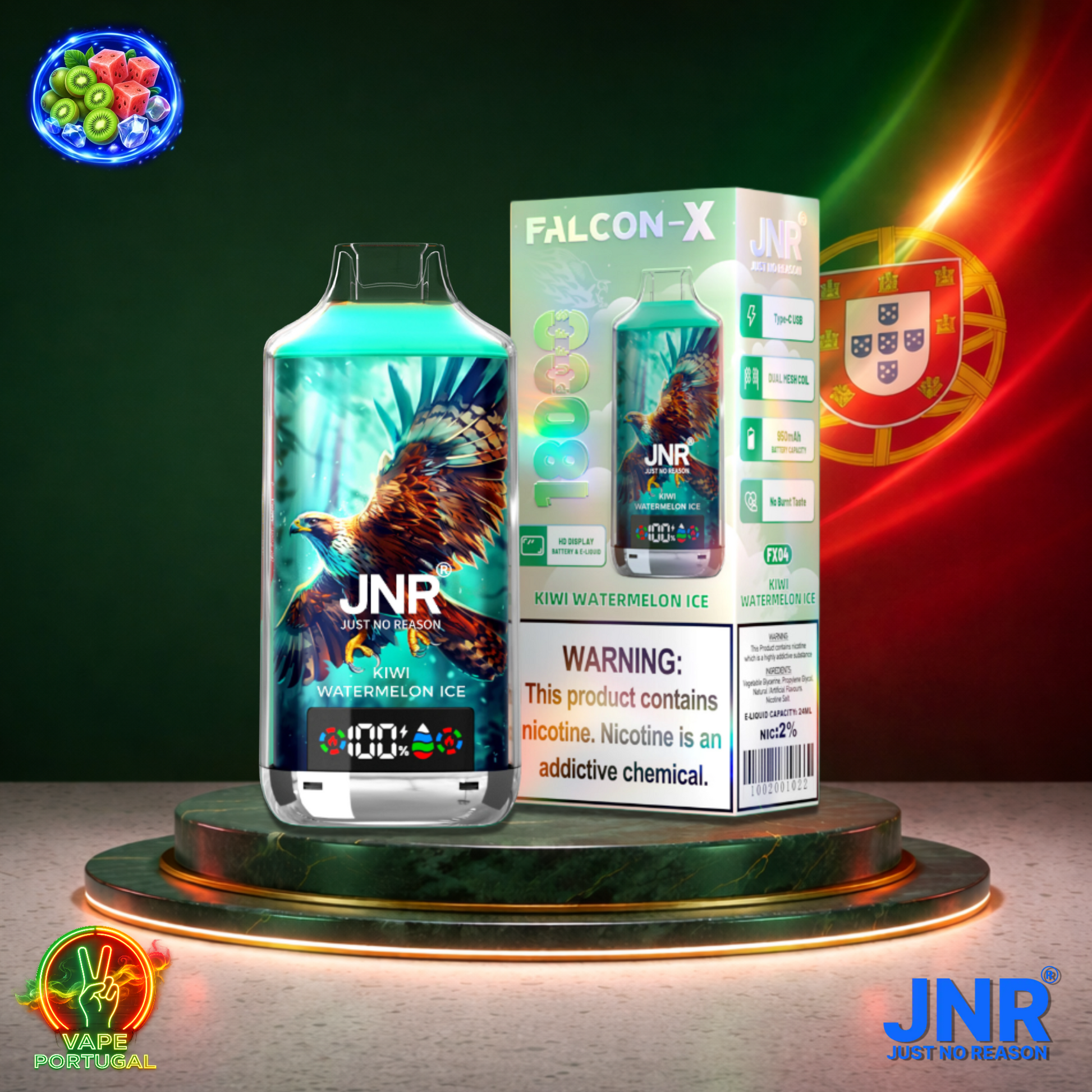 Vape descartável JNR Falcon X 18K sabor Kiwi Watermelon Ice 18000 puffs 18K tragadas mais barato