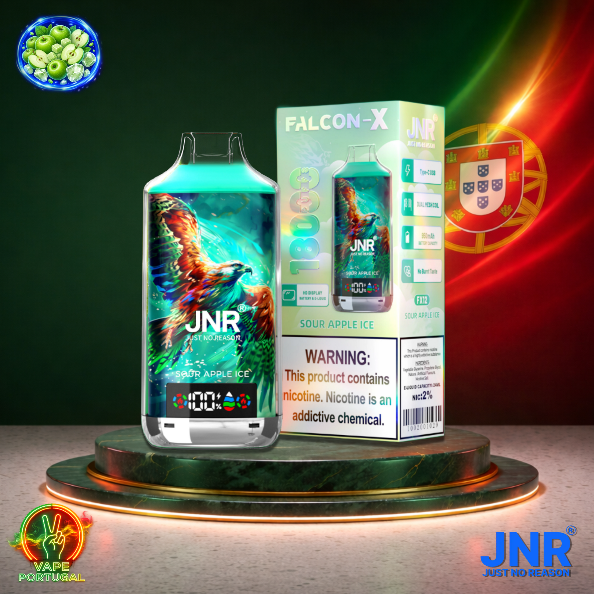Vape descartável JNR Falcon X 18K sabor Sour Apple Ice 18000 puffs 18K tragadas mais barato