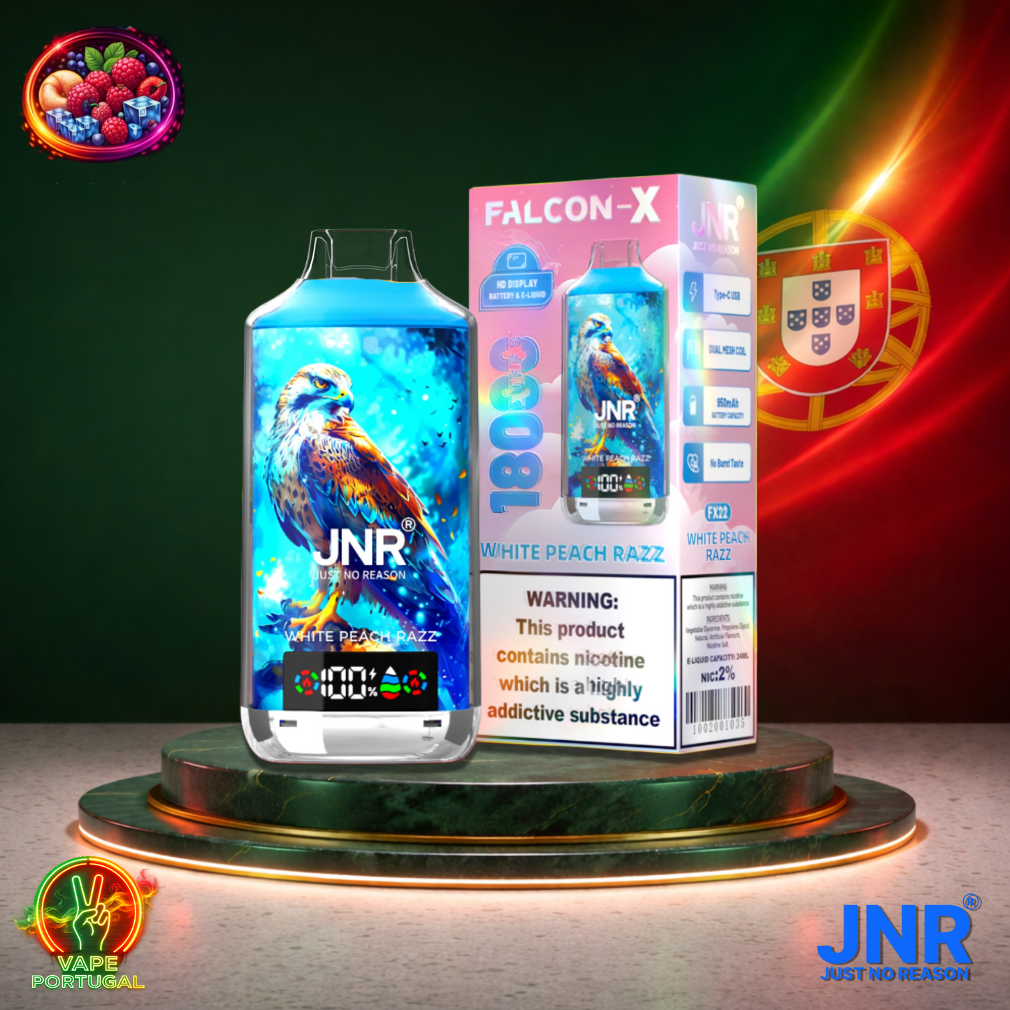 Vape descartável JNR Falcon X 18K sabor White Peach Razz 18000 puffs 18K tragadas mais barato