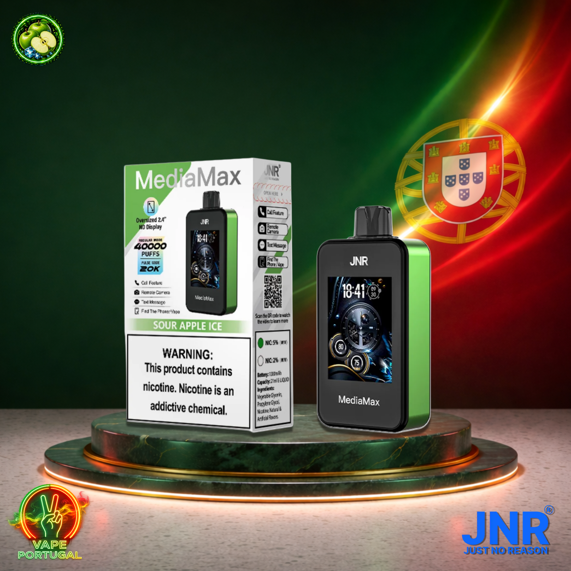 Vape descartável JNR Media Max 40K sabor Sour Apple Ice 40000 puffs 40K tragadas mais barato