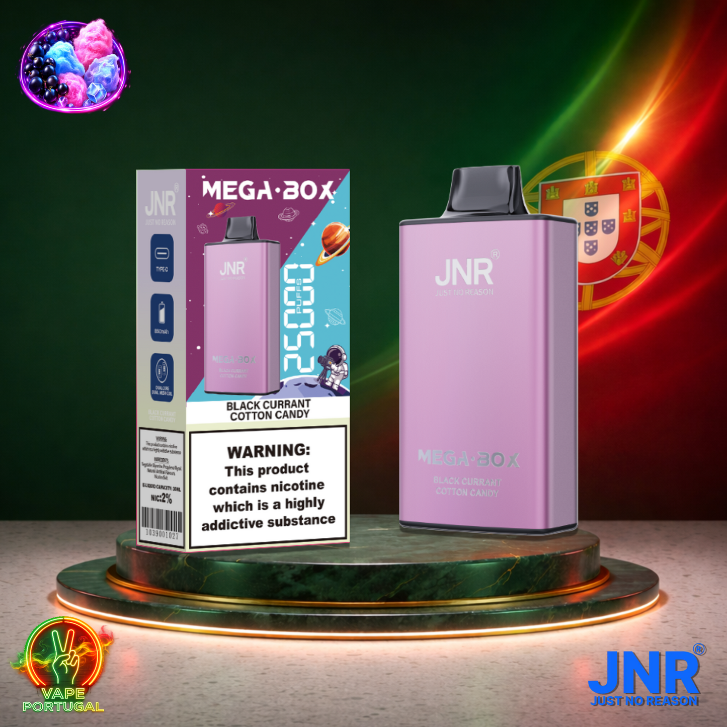 Vape descartável JNR Mega Box 25K sabor Black Currant Cotton Candy 25000 puffs 25K tragadas mais barato