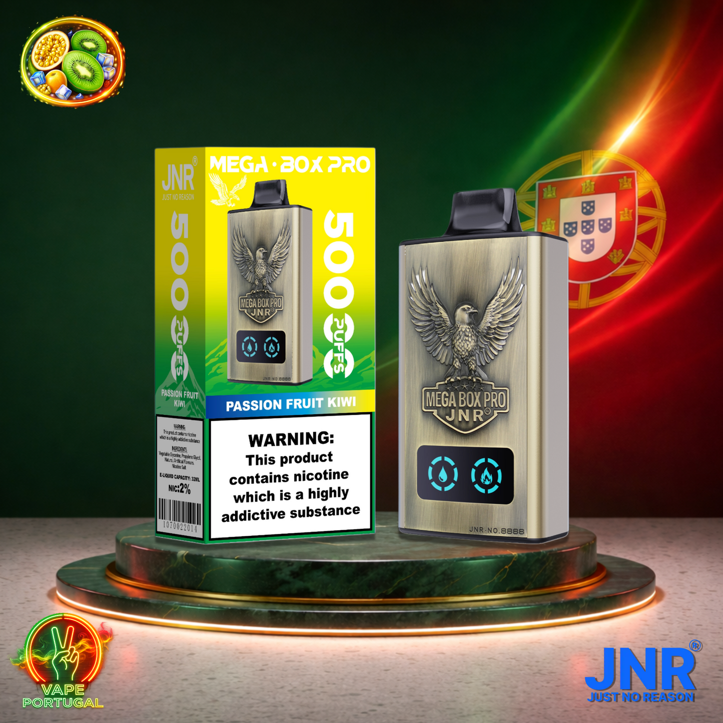 Vape descartável JNR Mega Box Pro sabor Passion Fruit Kiwi 50000 puffs 50K tragadas mais barato