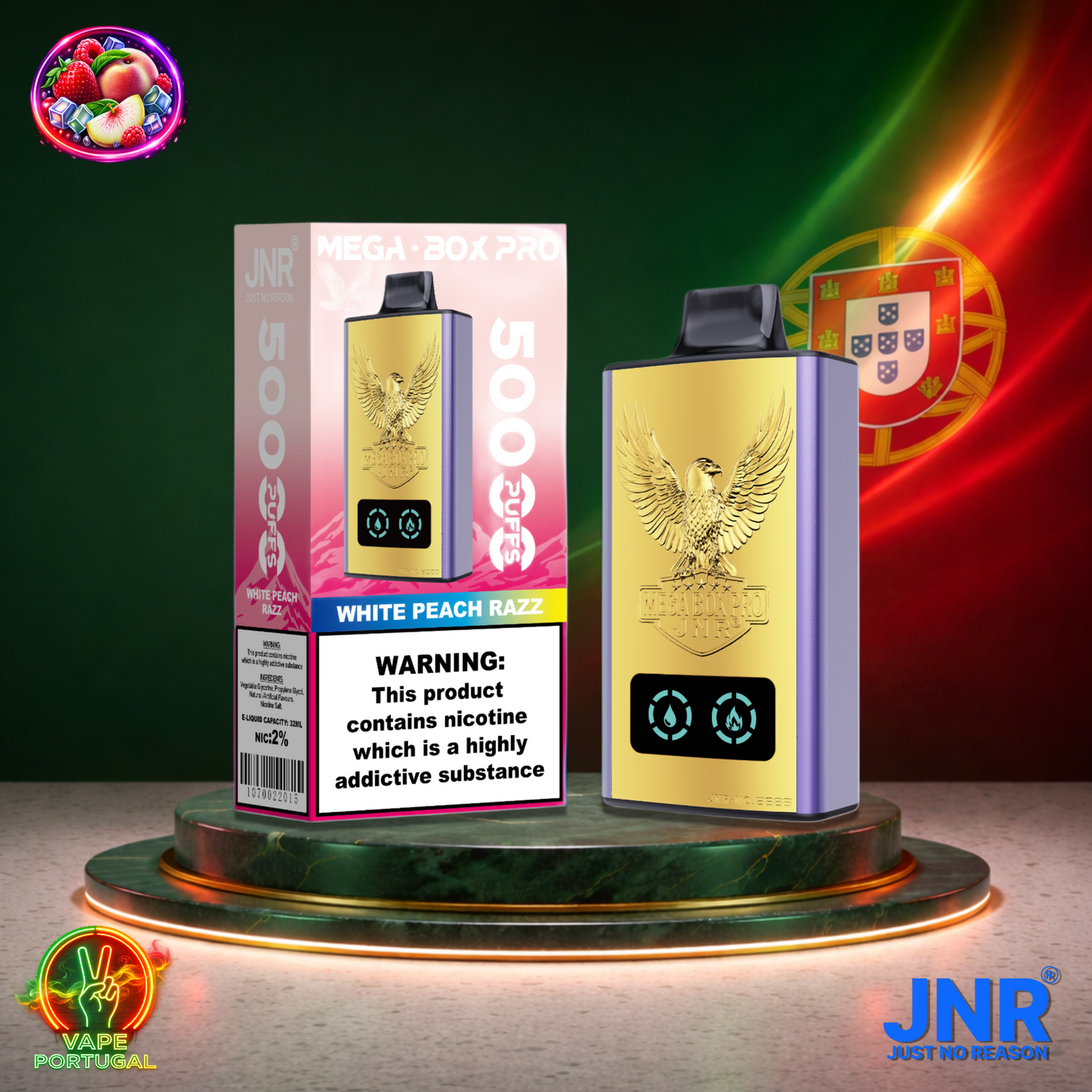 Vape descartável JNR Mega Box Pro sabor White Peach Razz 50000 puffs 50K tragadas mais barato