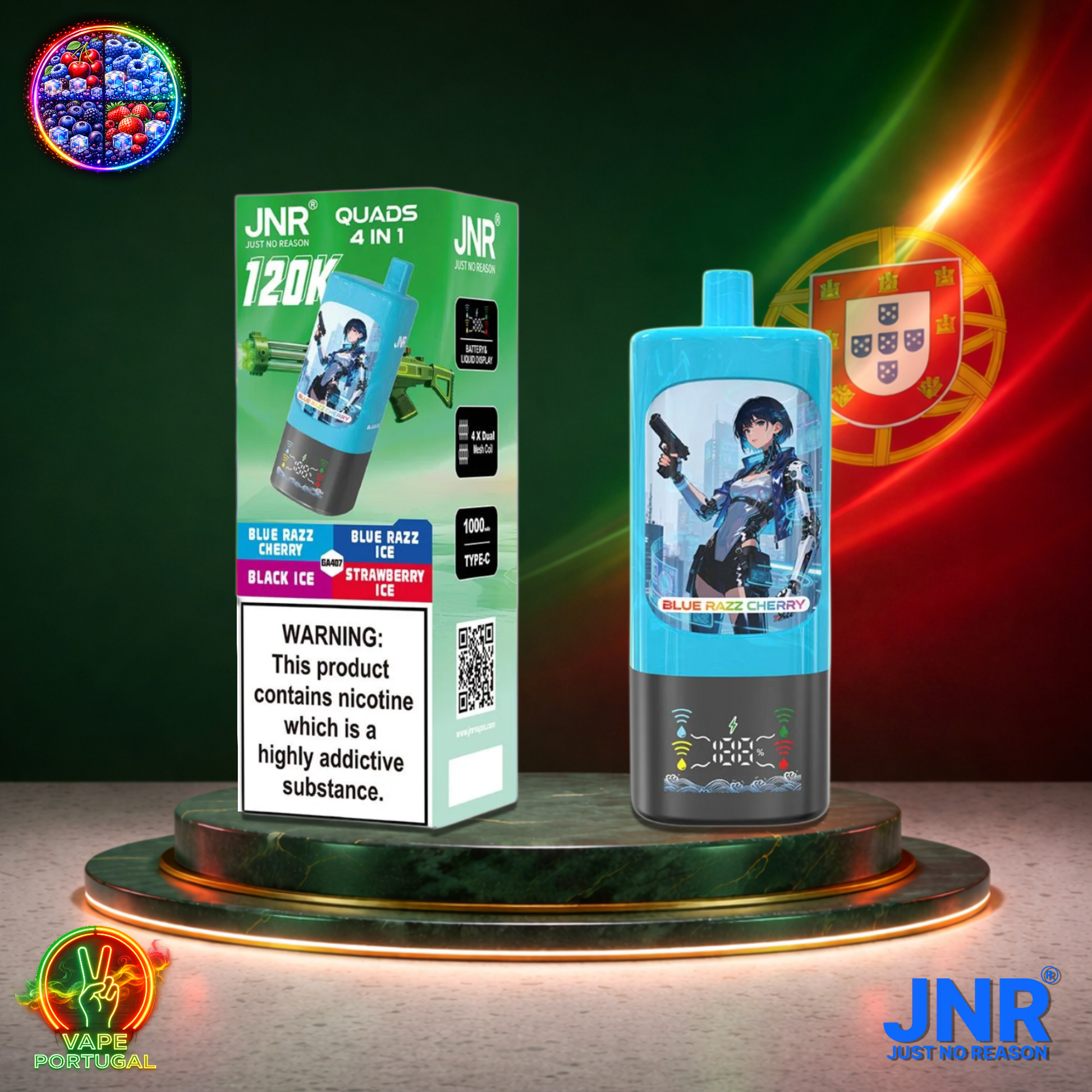 Vape descartável JNR Quads 4 em 1 120K sabores Blue Razz Cherry, Blue Razz Ice, Black Ice e Strawberry Ice 120000 puffs 120K tragadas mais barato