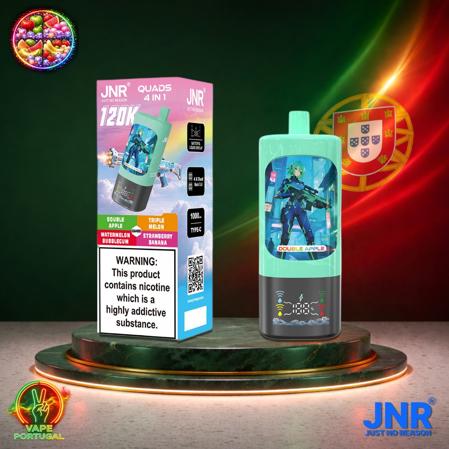 Vape descartável JNR Quads 4 em 1 120K sabores Double Apple, Watermelon Bubblegum, Triple Melon e Strawberry Banana 120000 puffs 120K tragadas mais barato