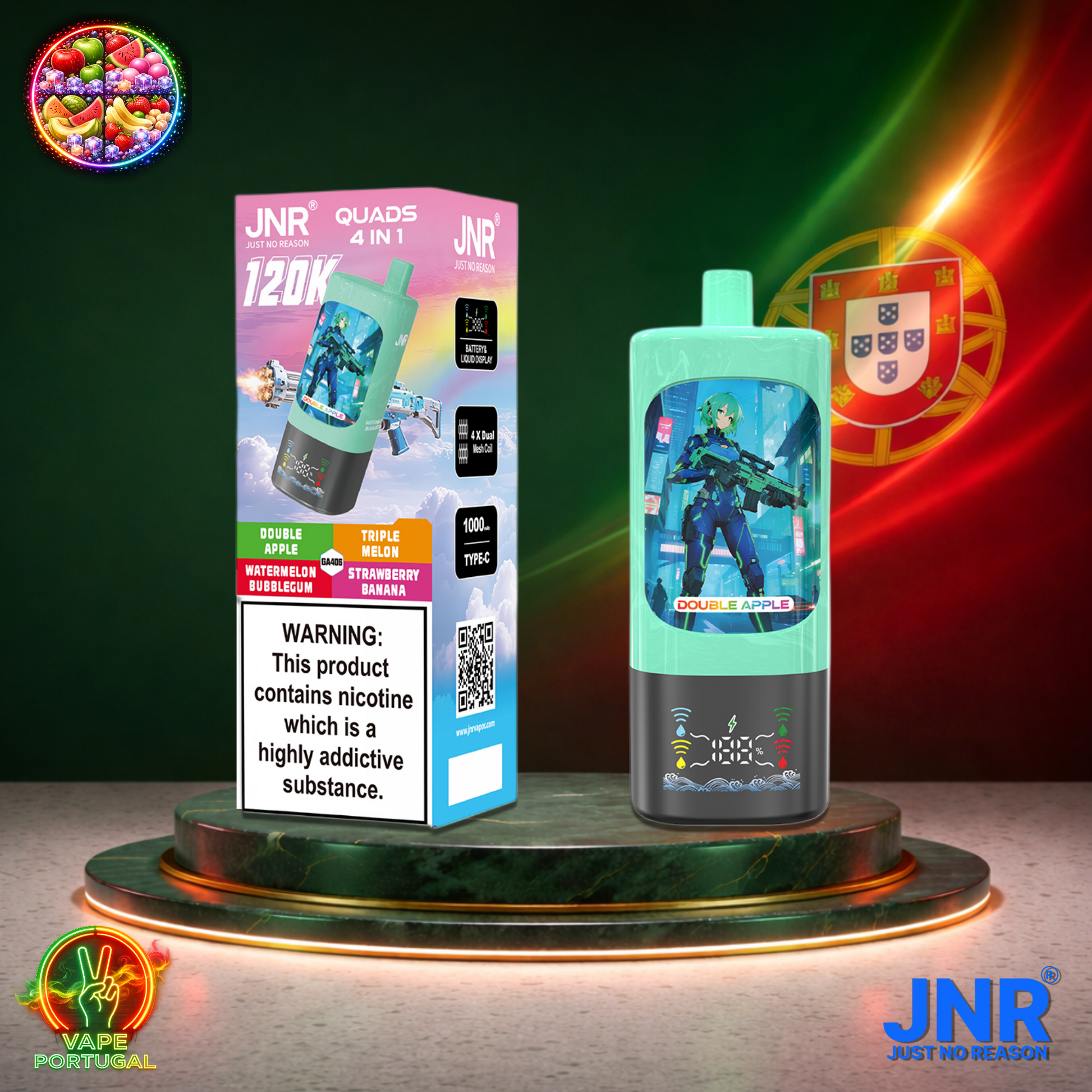 Vape descartável JNR Quads 4 em 1 120K sabores Double Apple, Watermelon Bubblegum, Triple Melon e Strawberry Banana 120000 puffs 120K tragadas mais barato