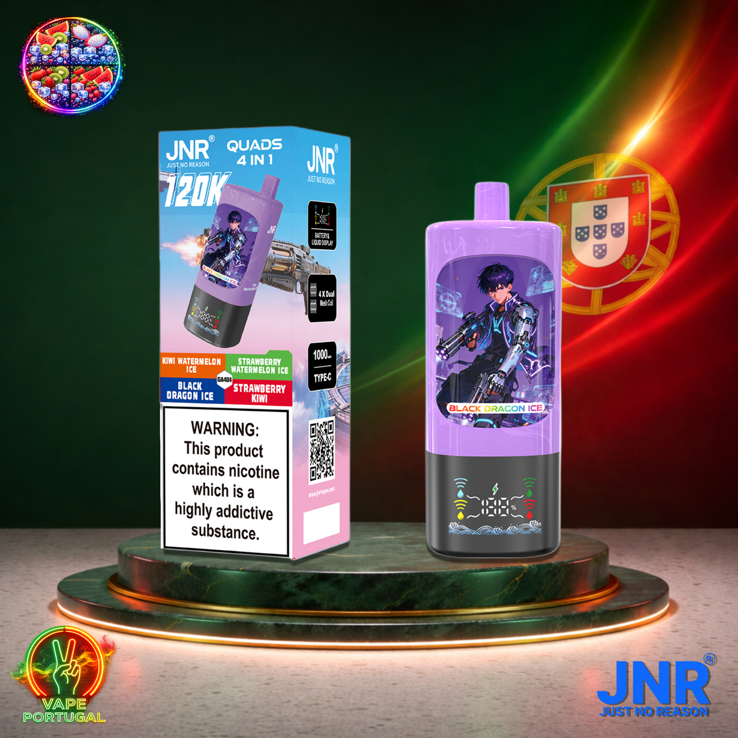 Vape descartável JNR Quads 4 em 1 120K sabores Kiwi Watermelon Ice, Black Dragon Ice, Strawberry Kiwi e Strawberry Watermelon Ice 120000 puffs 120K tragadas mais barato