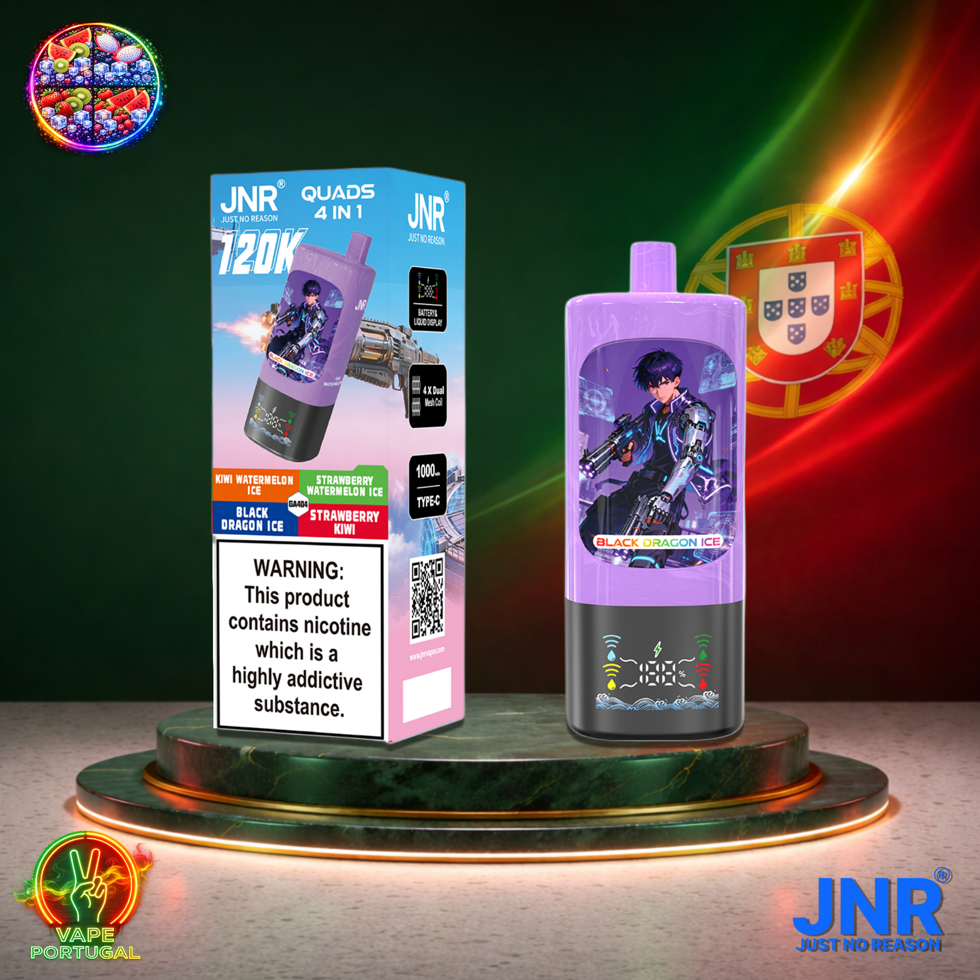 Vape descartável JNR Quads 4 em 1 120K sabores Kiwi Watermelon Ice, Black Dragon Ice, Strawberry Kiwi e Strawberry Watermelon Ice 120000 puffs 120K tragadas mais barato