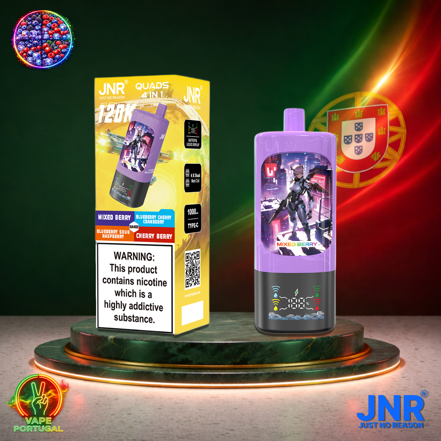 Vape descartável JNR Quads 4 em 1 120K sabores Mixed Berry, Blueberry Sour Raspberry, Blueberry Cherry Cranberry e Cherry Berry 120000 puffs 120K tragadas mais barato
