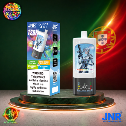 Vape descartável JNR Quads 4 em 1 120K sabores Passion Fruit Kiwi, Peach Mango Pineapple, Strawberry Kiwi e Blueberry Kiwi 120000 puffs 120K tragadas mais barato