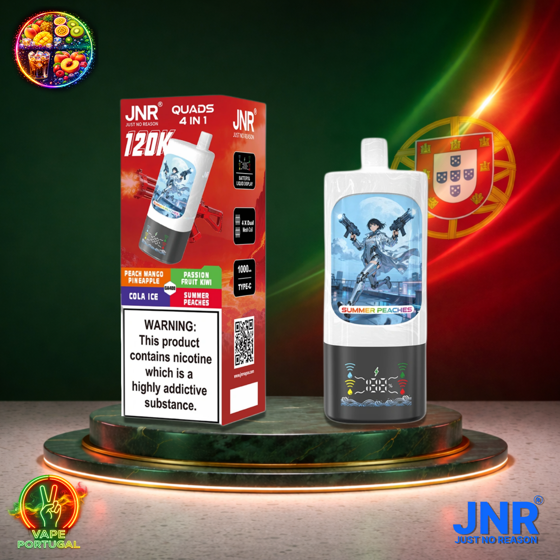 Vape descartável JNR Quads 4 em 1 120K sabores Peach Mango Pineapple, Passion Fruit Kiwi, Cola Ice e Summer Peaches 120000 puffs 120K tragadas mais barato