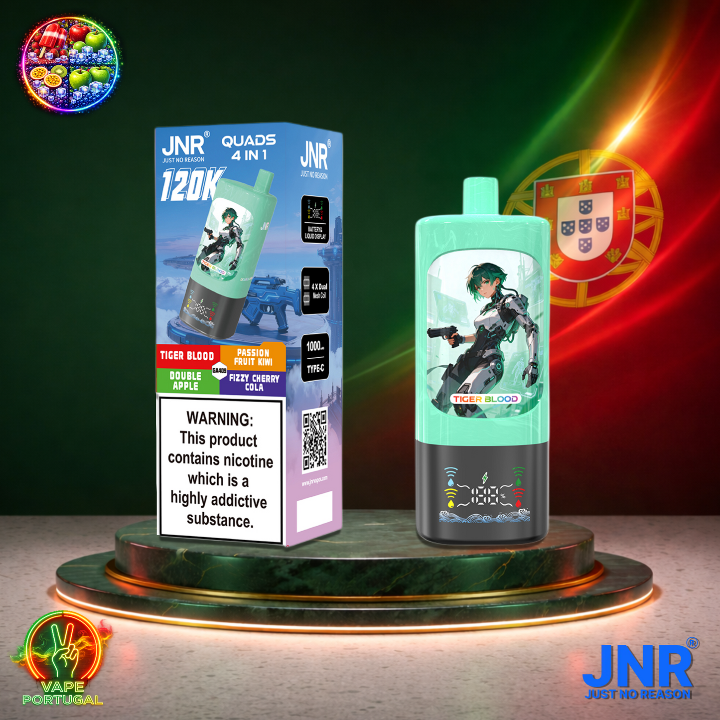 Vape descartável JNR Quads 4 em 1 120K sabores Tiger Blood, Double Apple, Passion Fruit Kiwi e Green Apple 120000 puffs 120K tragadas mais barato
