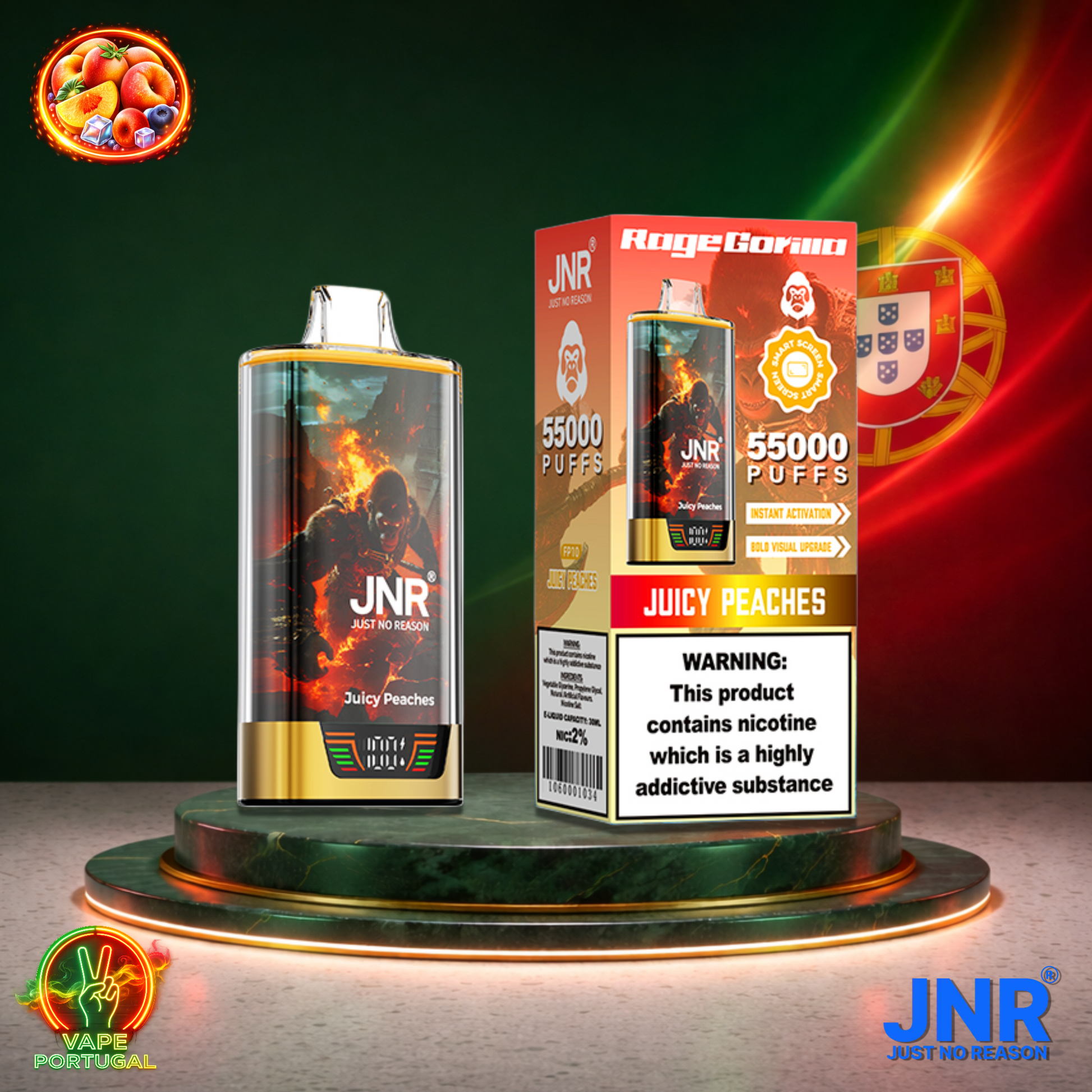 Vape descartável JNR Rage Gorilla sabor Juicy Peaches 55000 puffs 55K tragadas mais barato