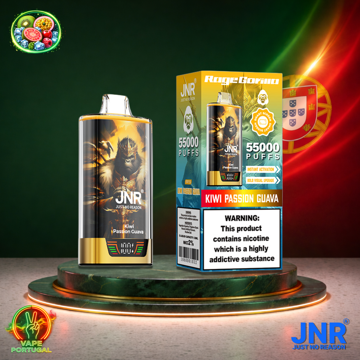 Vape descartável JNR Rage Gorilla sabor Kiwi Passion Guava 55000 puffs 55K tragadas mais barato