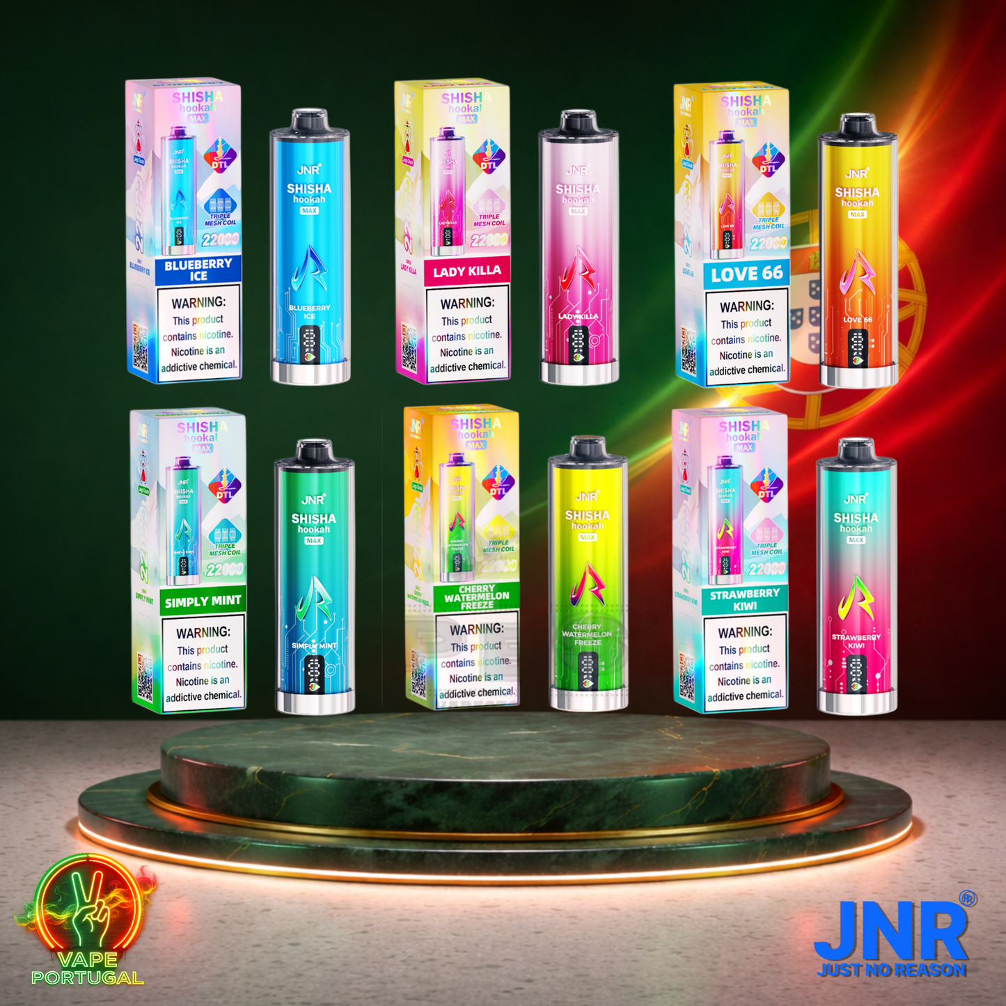 Vape descartável JNR Shisha Hookah Max 22K (Vista Frontal) em vários sabores 22000 puffs 22K tragadas mais barato