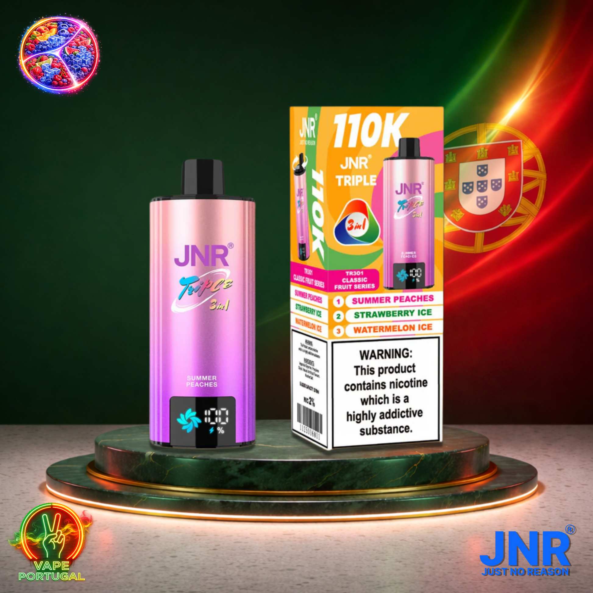Vape descartável JNR Triple 3 em 1 110K sabores Summer Peaches, Strawberry Ice e Watermelon Ice 110000 puffs 110K tragadas mais barato