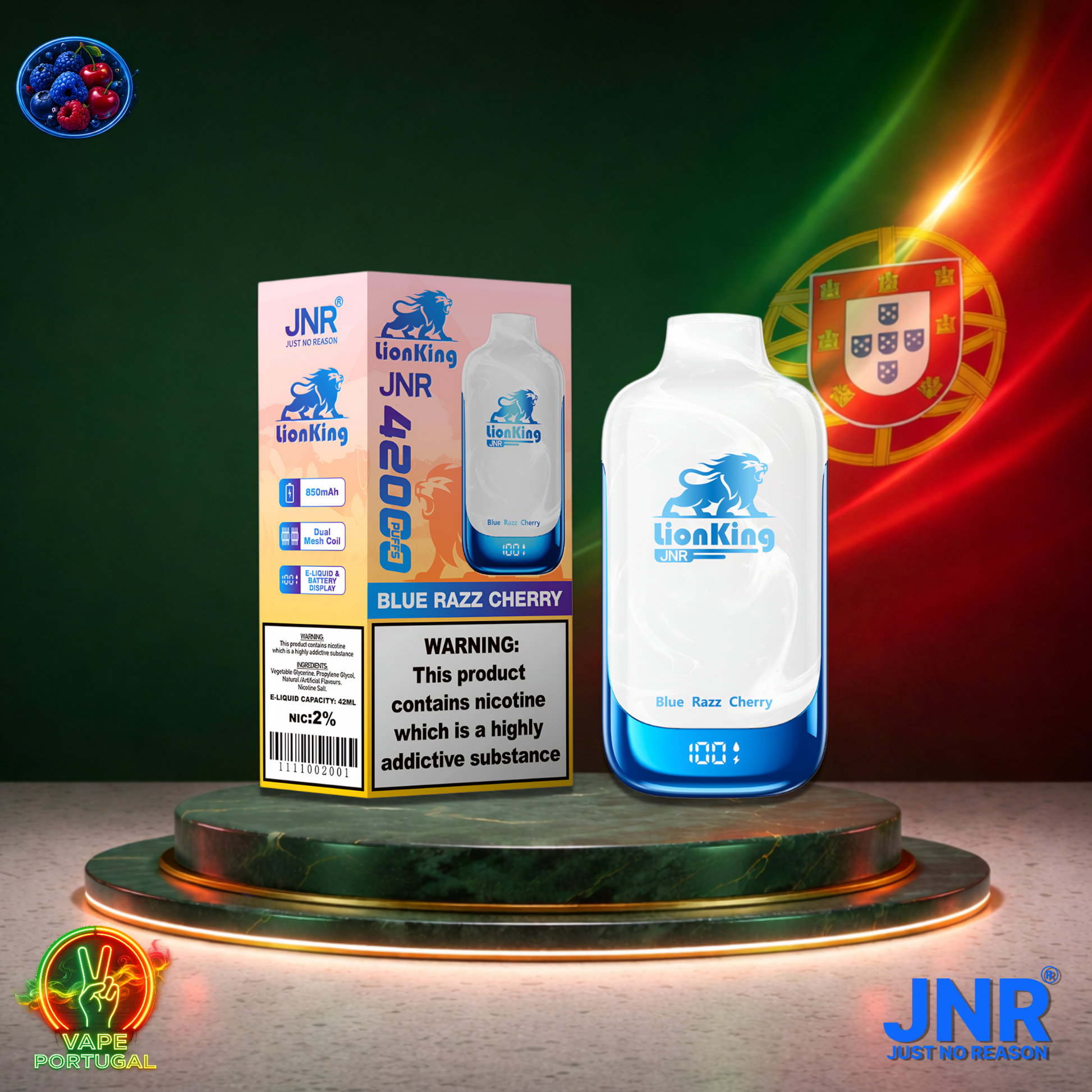 Vape descartável JNR Lion King 42K sabor Blue Razz Cherry 42000 puffs 42K tragadas mais barato