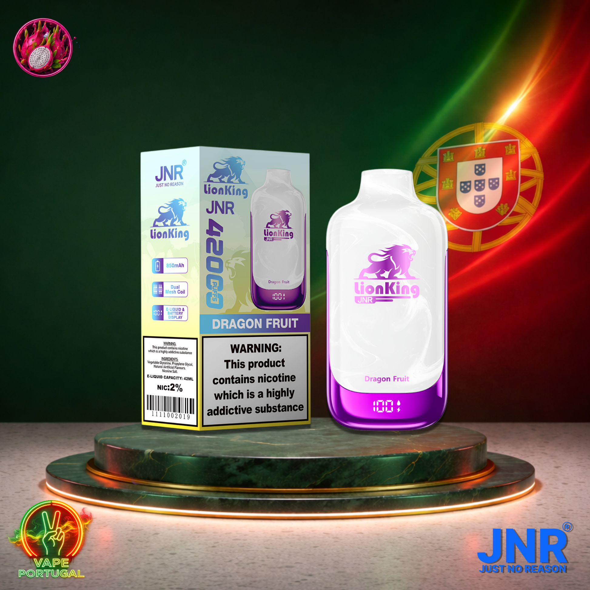 Vape descartável JNR Lion King 42K sabor Dragon Fruit 42000 puffs 42K tragadas mais barato