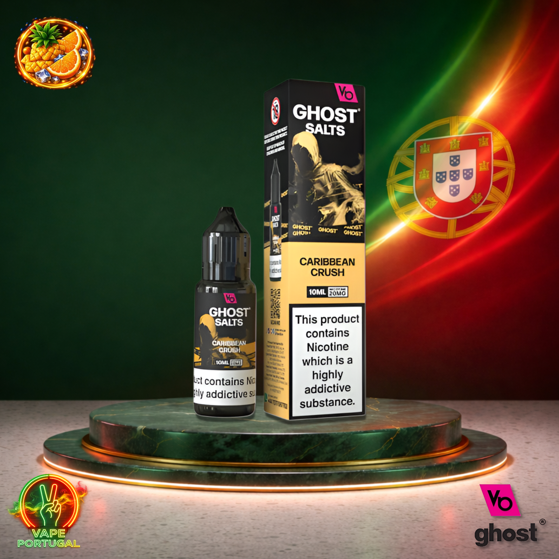 Líquido Ghost Salts 10ml sabor Caribbean Crush com sais de nicotina 2% (20mg/ml) para pod – mistura tropical exótica e refrescante mais barato